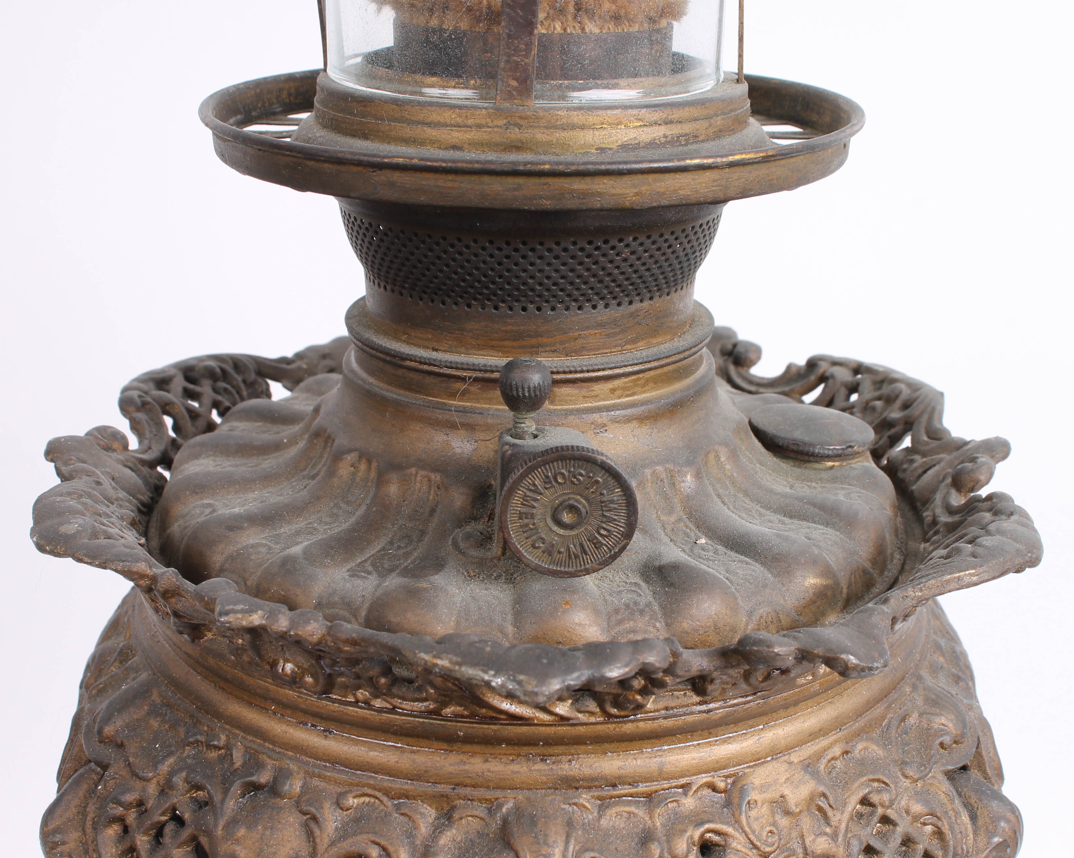 Antique Reading Cast Iron and Brass Oil Lamp