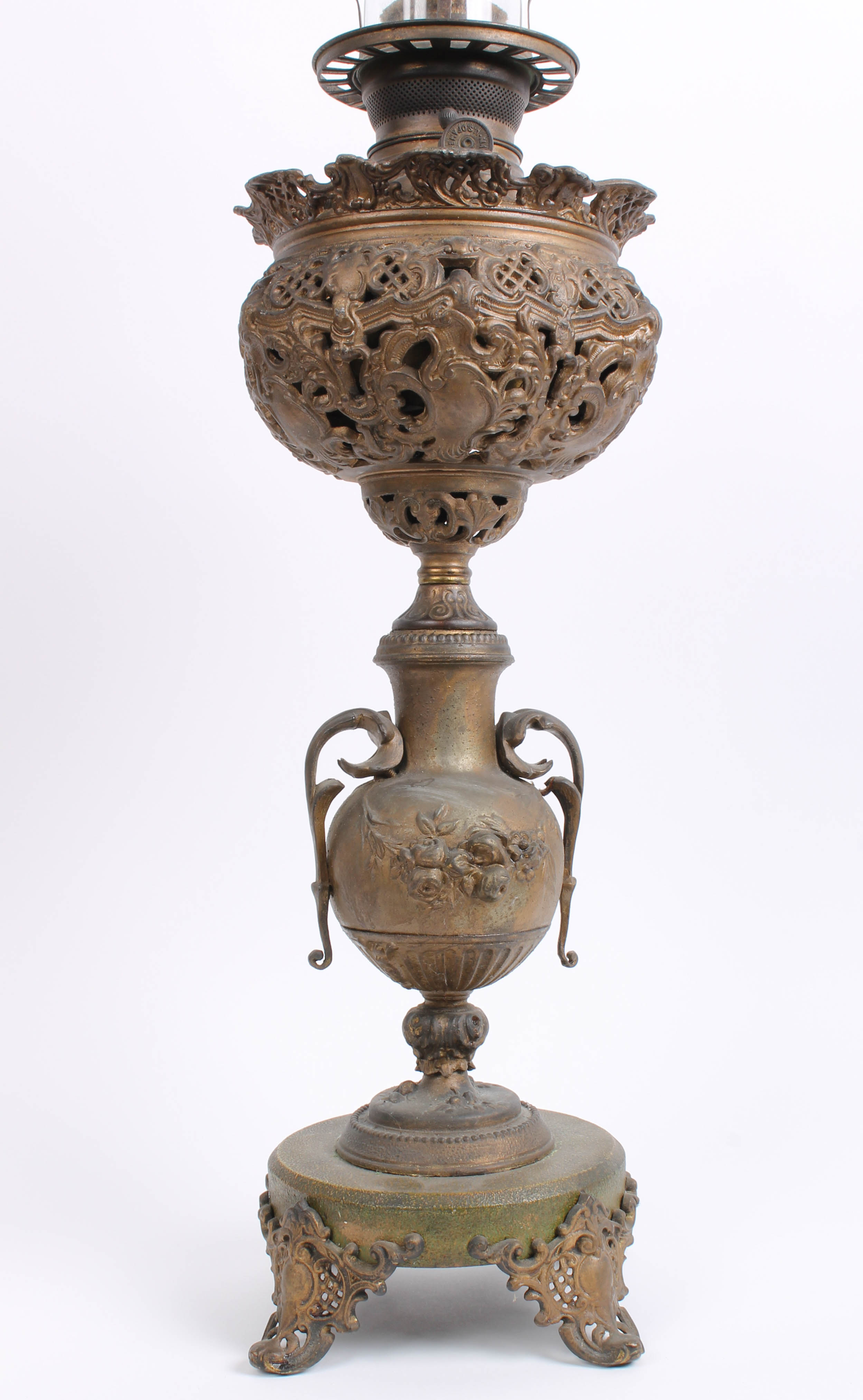 Antique Reading Cast Iron and Brass Oil Lamp