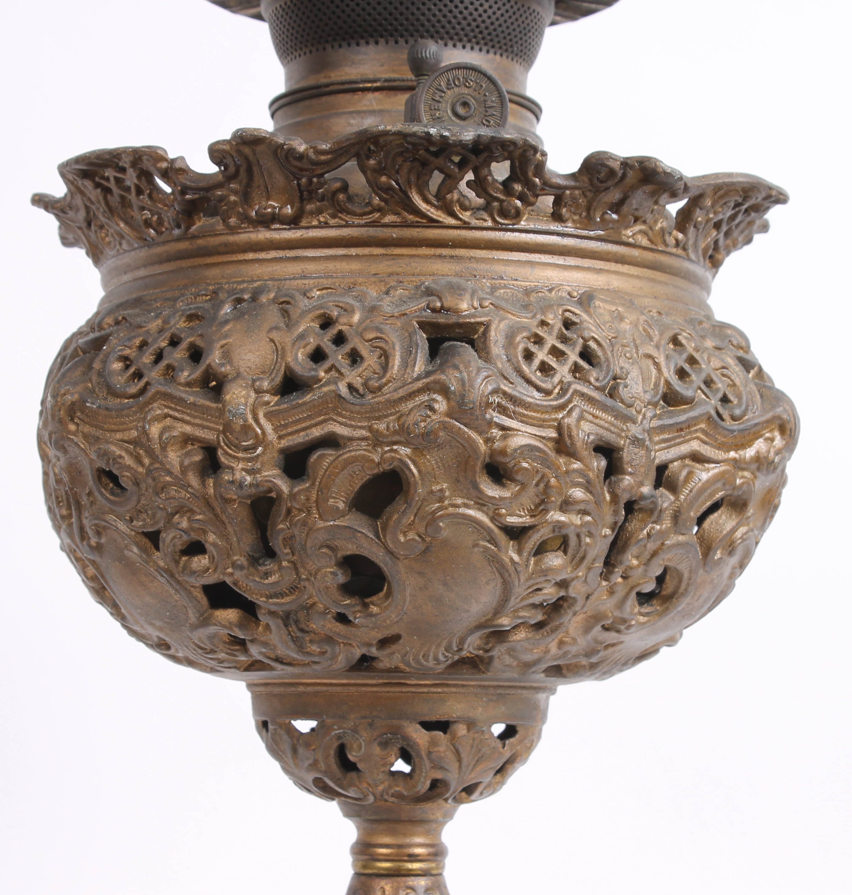 Antique Reading Cast Iron and Brass Oil Lamp