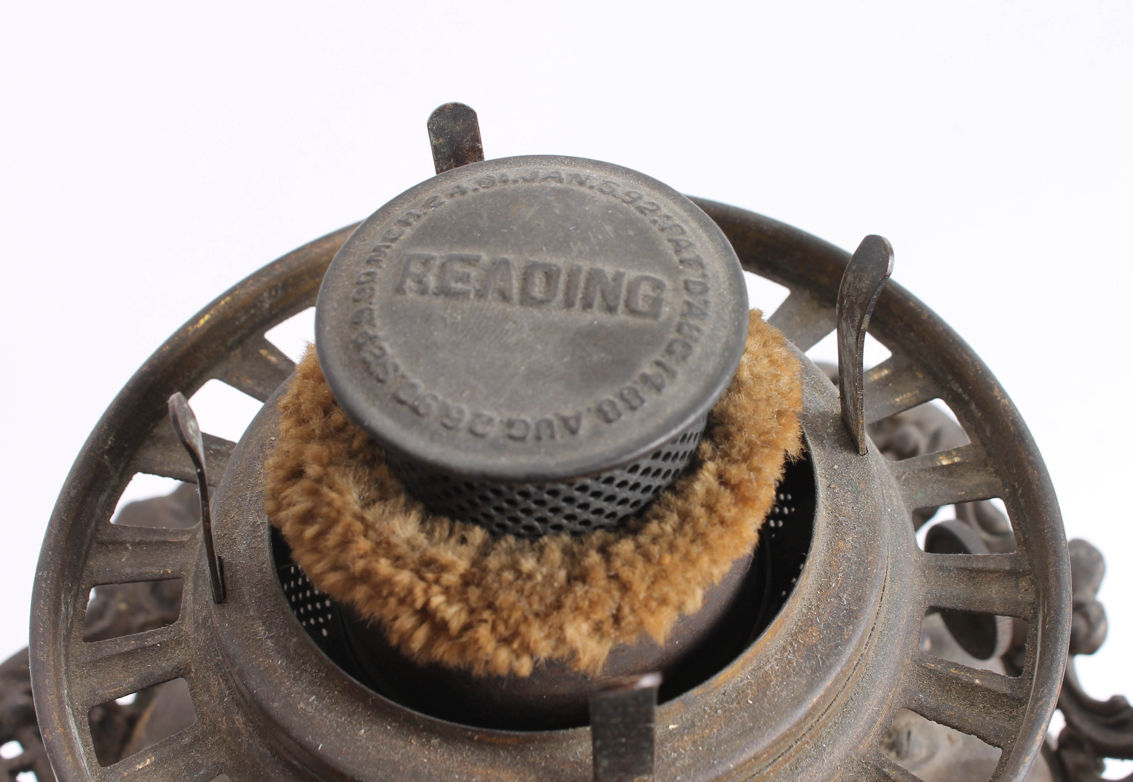 Antique Reading Cast Iron and Brass Oil Lamp