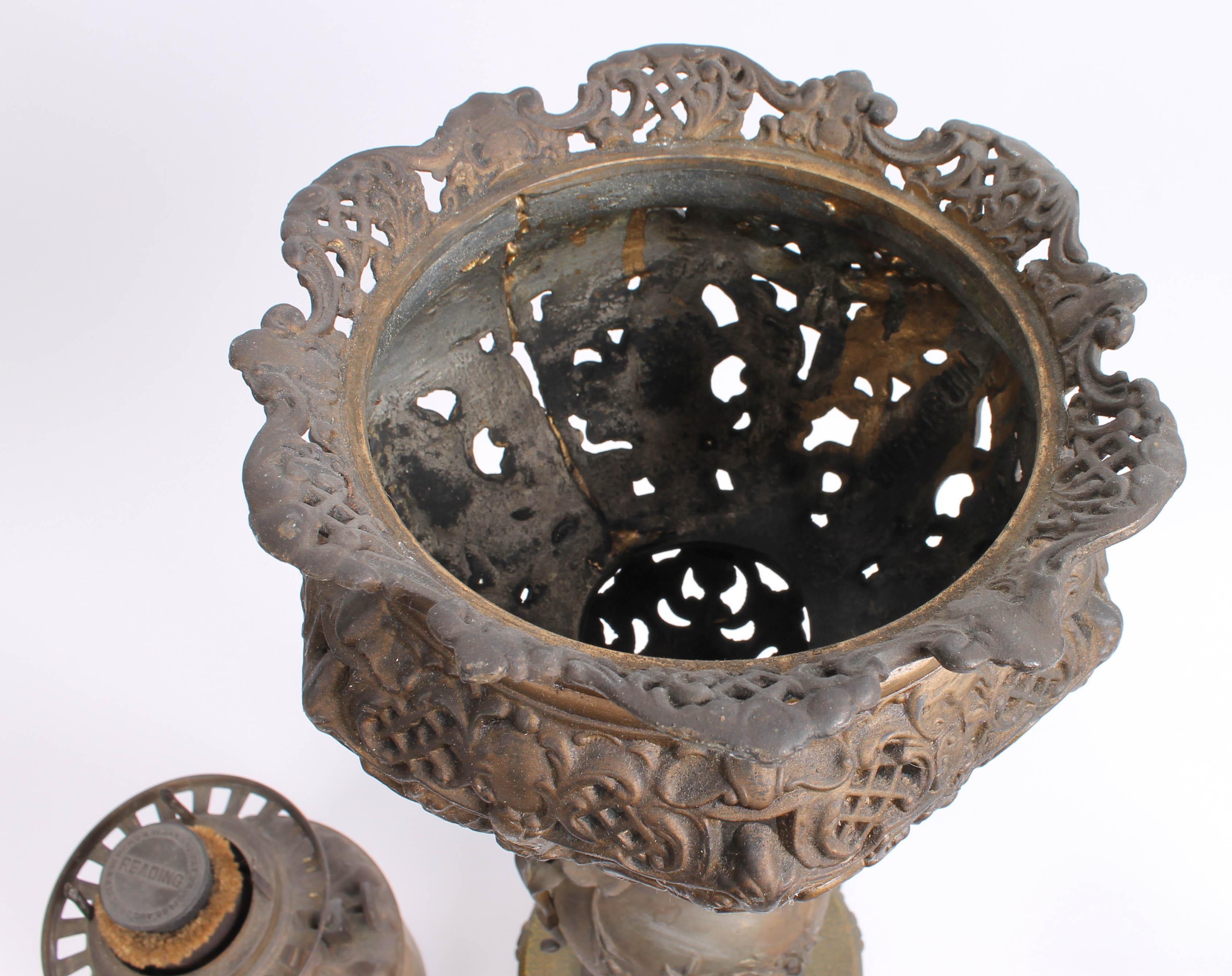 Antique Reading Cast Iron and Brass Oil Lamp