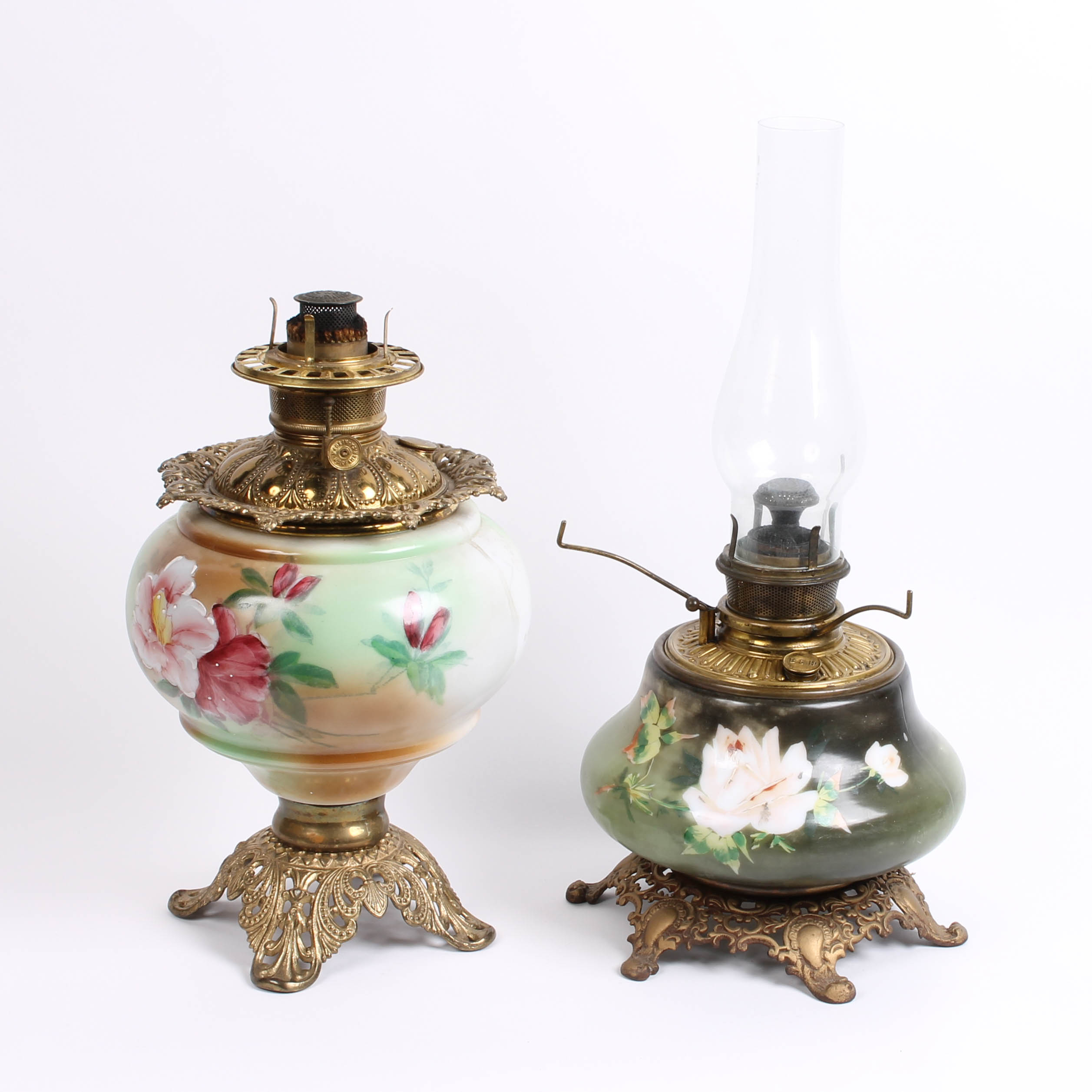 Pair of Antique China and Brass Oil Lamps