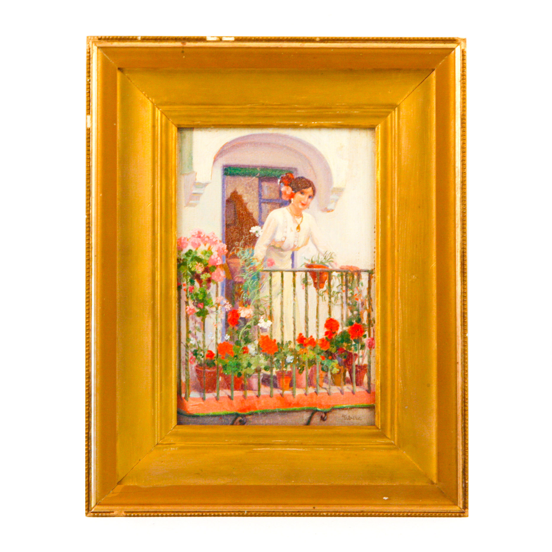 Signed Rivera Oil on Board of Woman On a Balcony