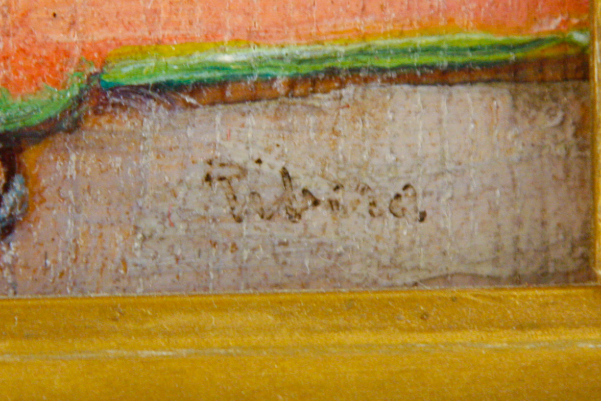 Signed Rivera Oil on Board of Woman On a Balcony