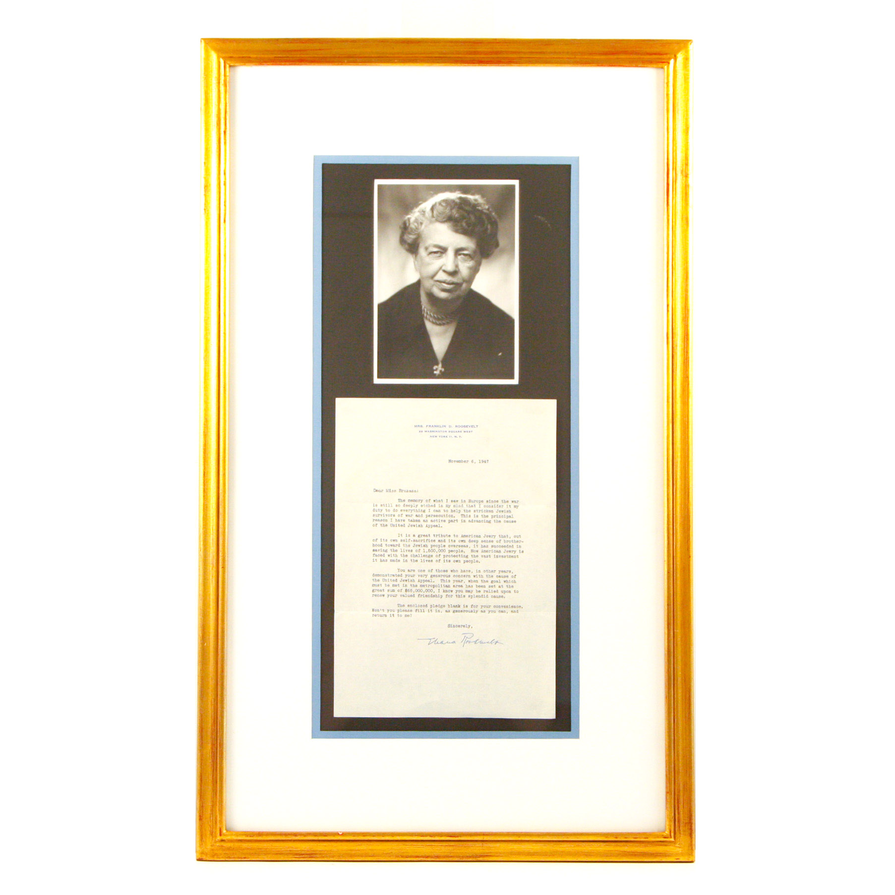 Framed 1947 Typed Letter Signed by Eleanor Roosevelt with Photograph