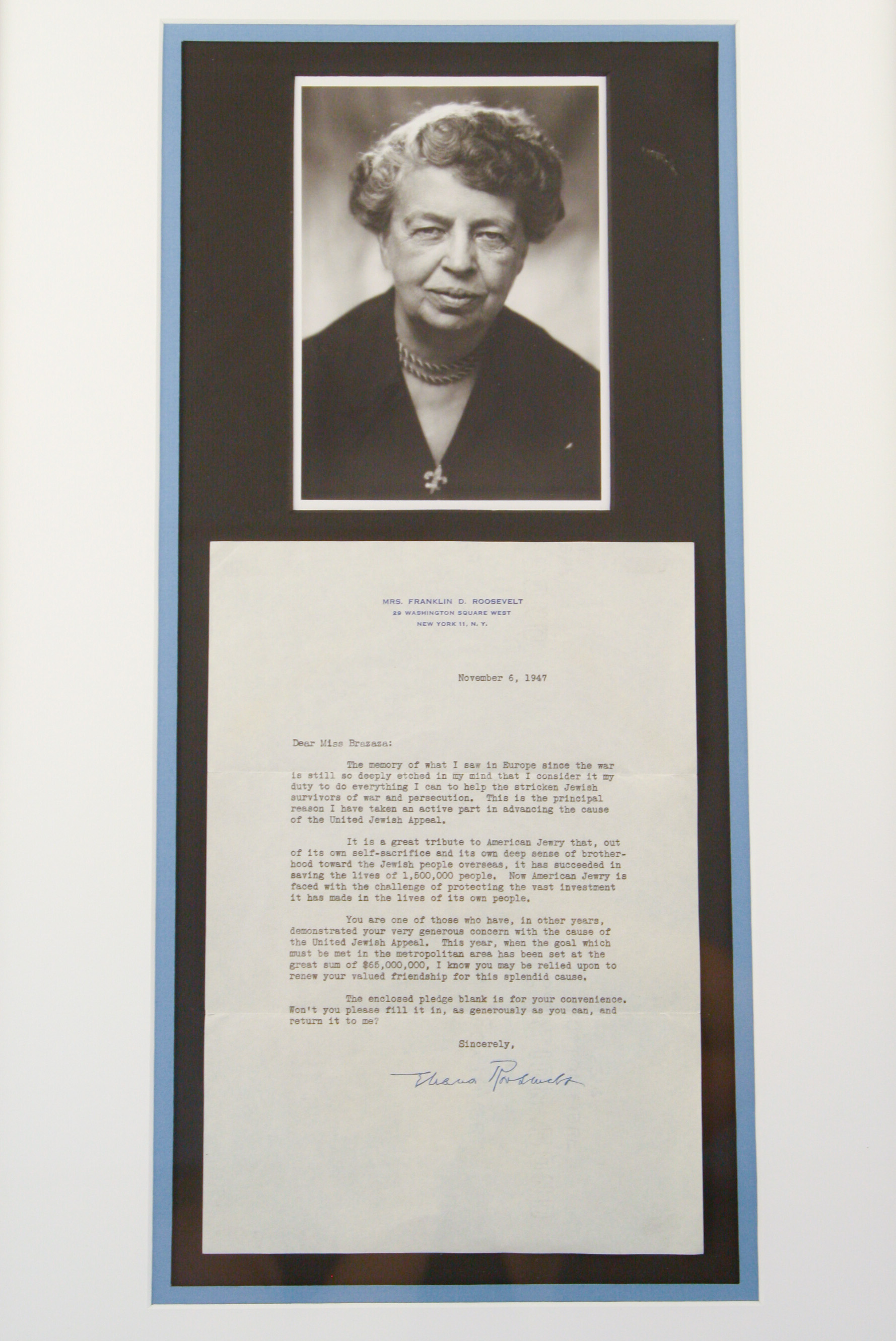 Framed 1947 Typed Letter Signed by Eleanor Roosevelt with Photograph
