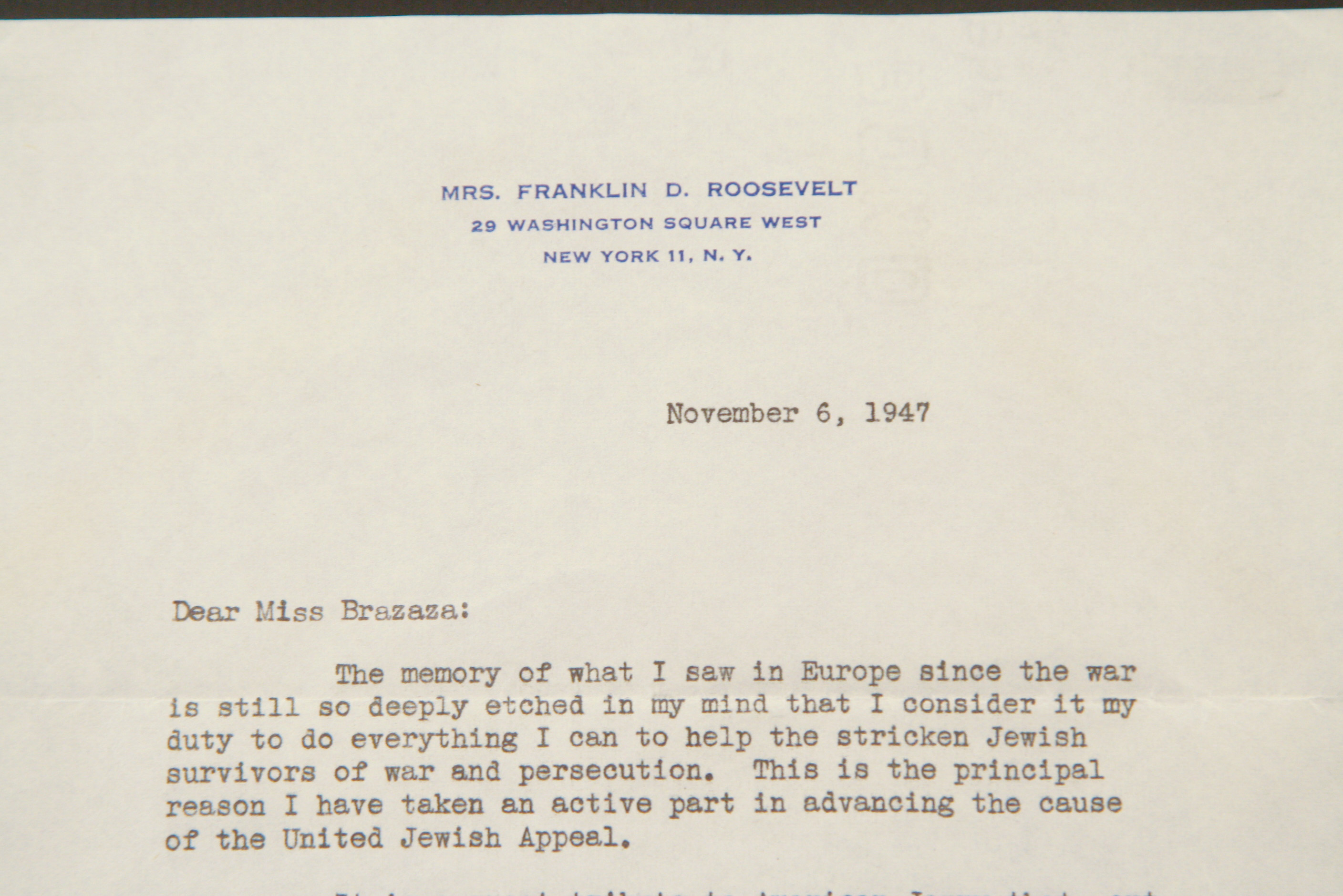 Framed 1947 Typed Letter Signed by Eleanor Roosevelt with Photograph