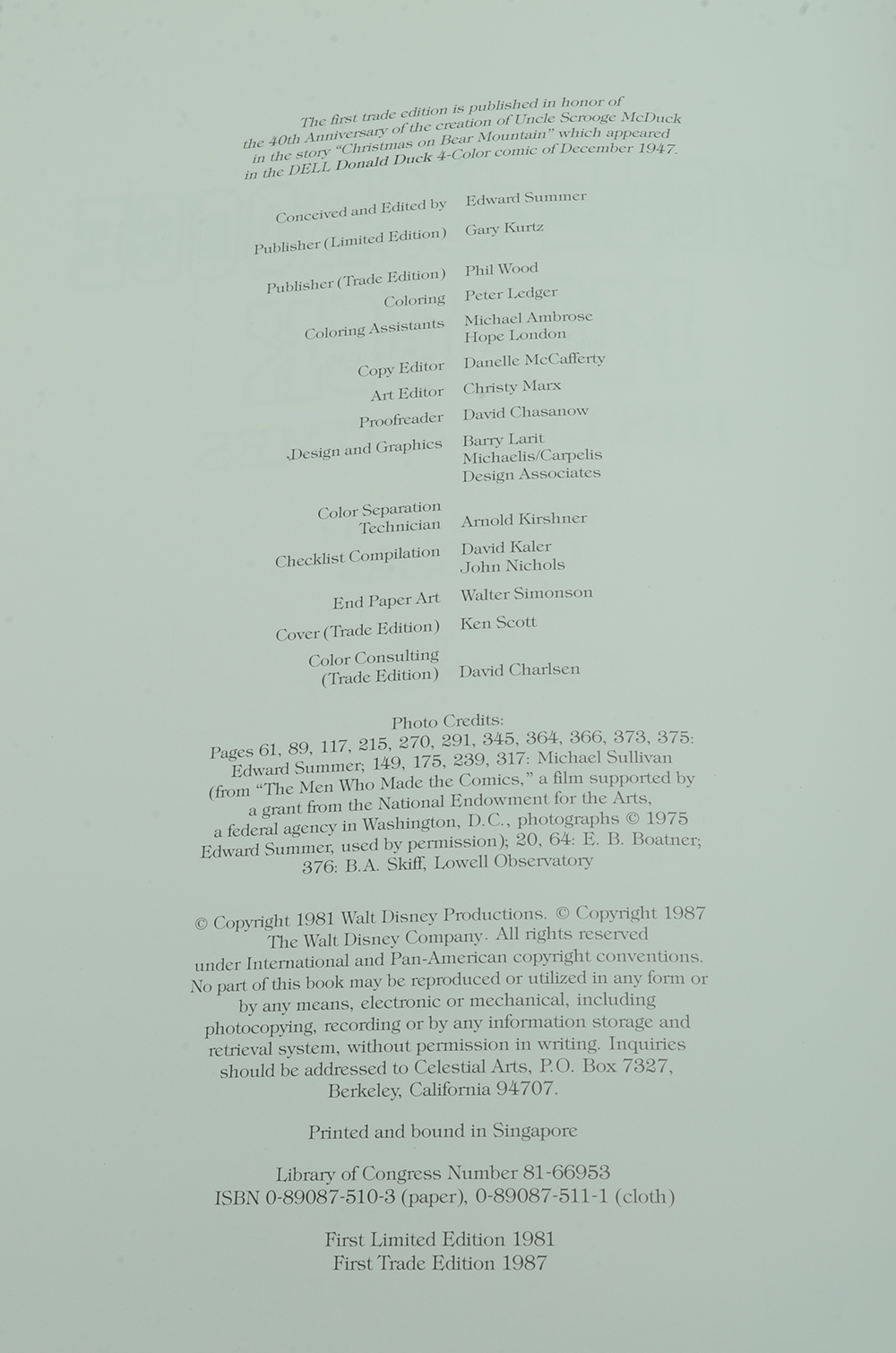 1987 Carl Barks "Walt Disney's Uncle Scrooge McDuck: His Life and Times" First Trade Edition