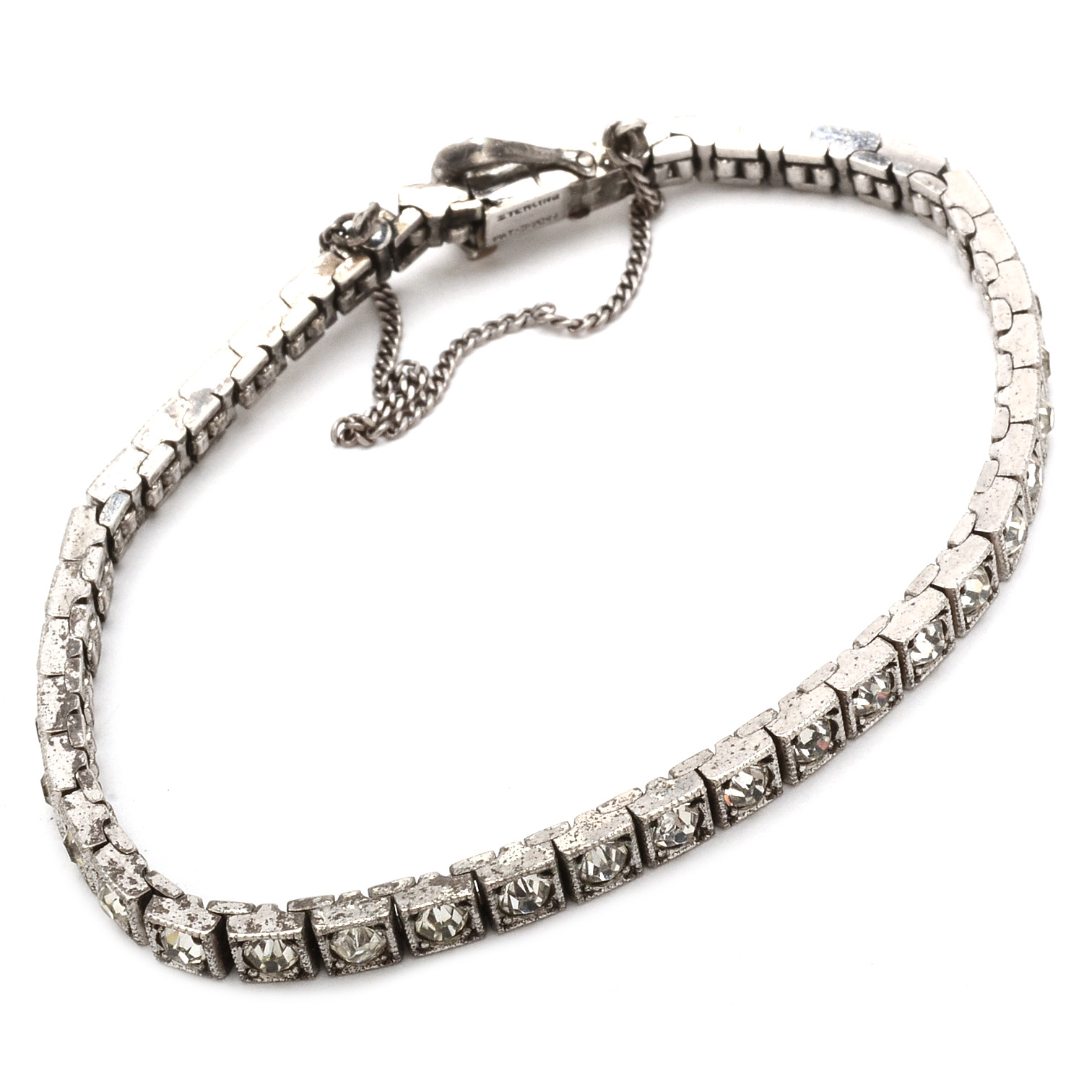Art Deco Sterling Rhinestone Buckle Line Bracelet