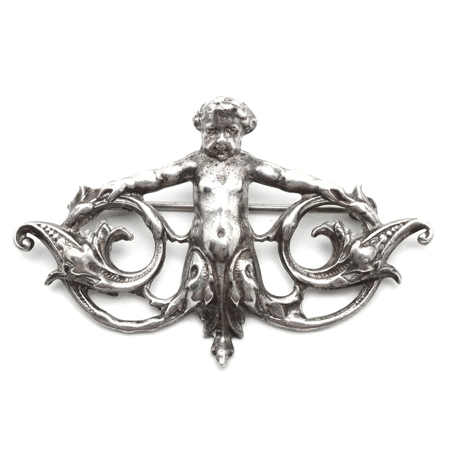 Art Nouveau Sterling Putto Italianate Style Brooch
