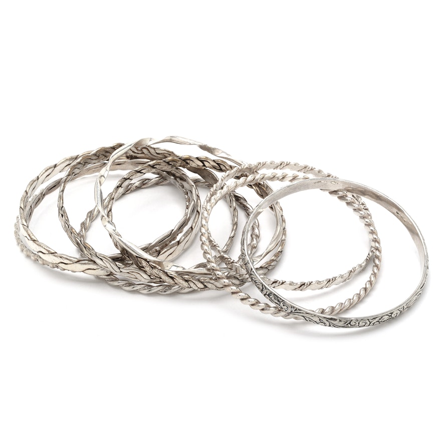 Group of Ten Sterling Rope or Braid Design Bangles