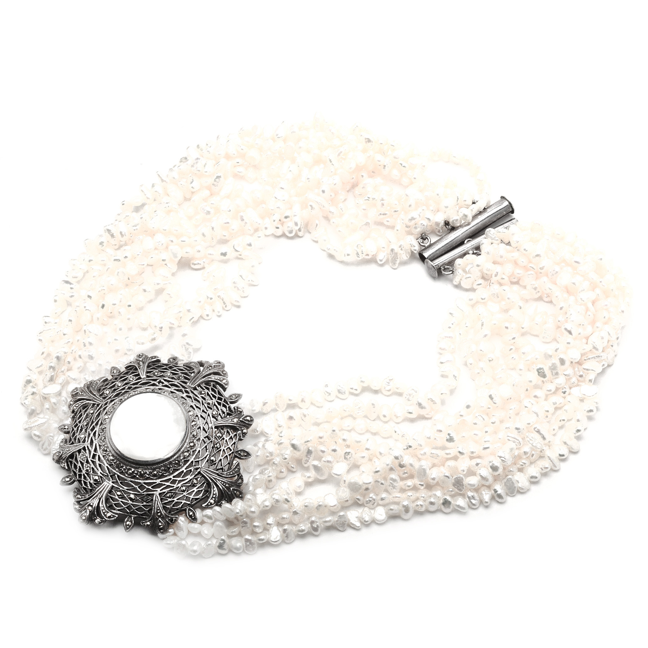 Sterling and Marcasite Rice Seed Pearl Choker