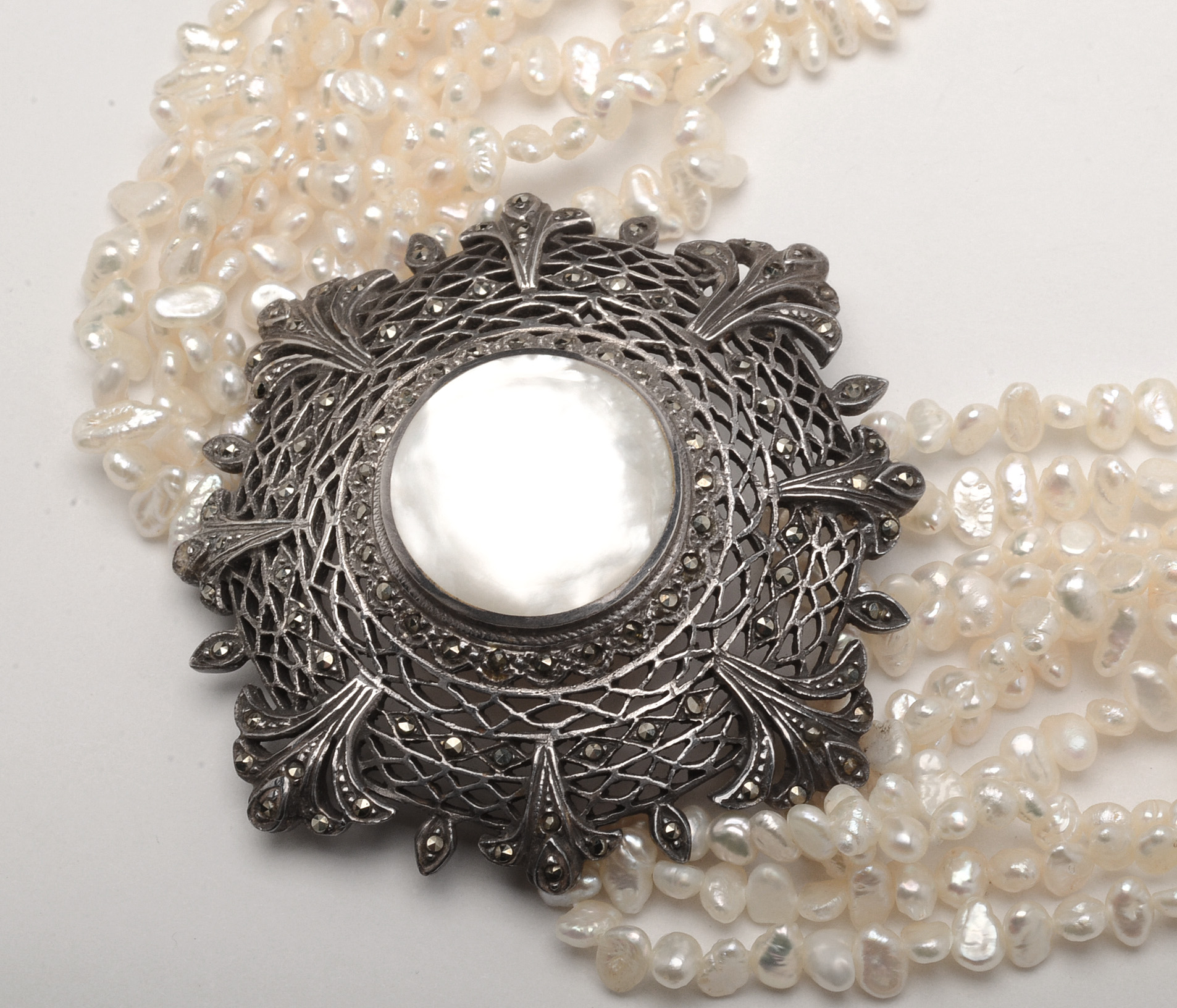 Sterling and Marcasite Rice Seed Pearl Choker