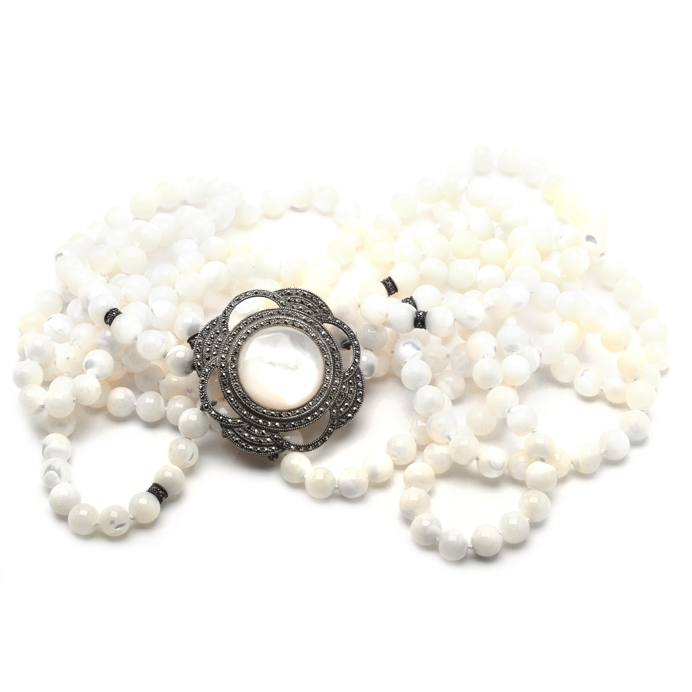 Sterling and Marcasite Mother of Pearl Beaded Necklace