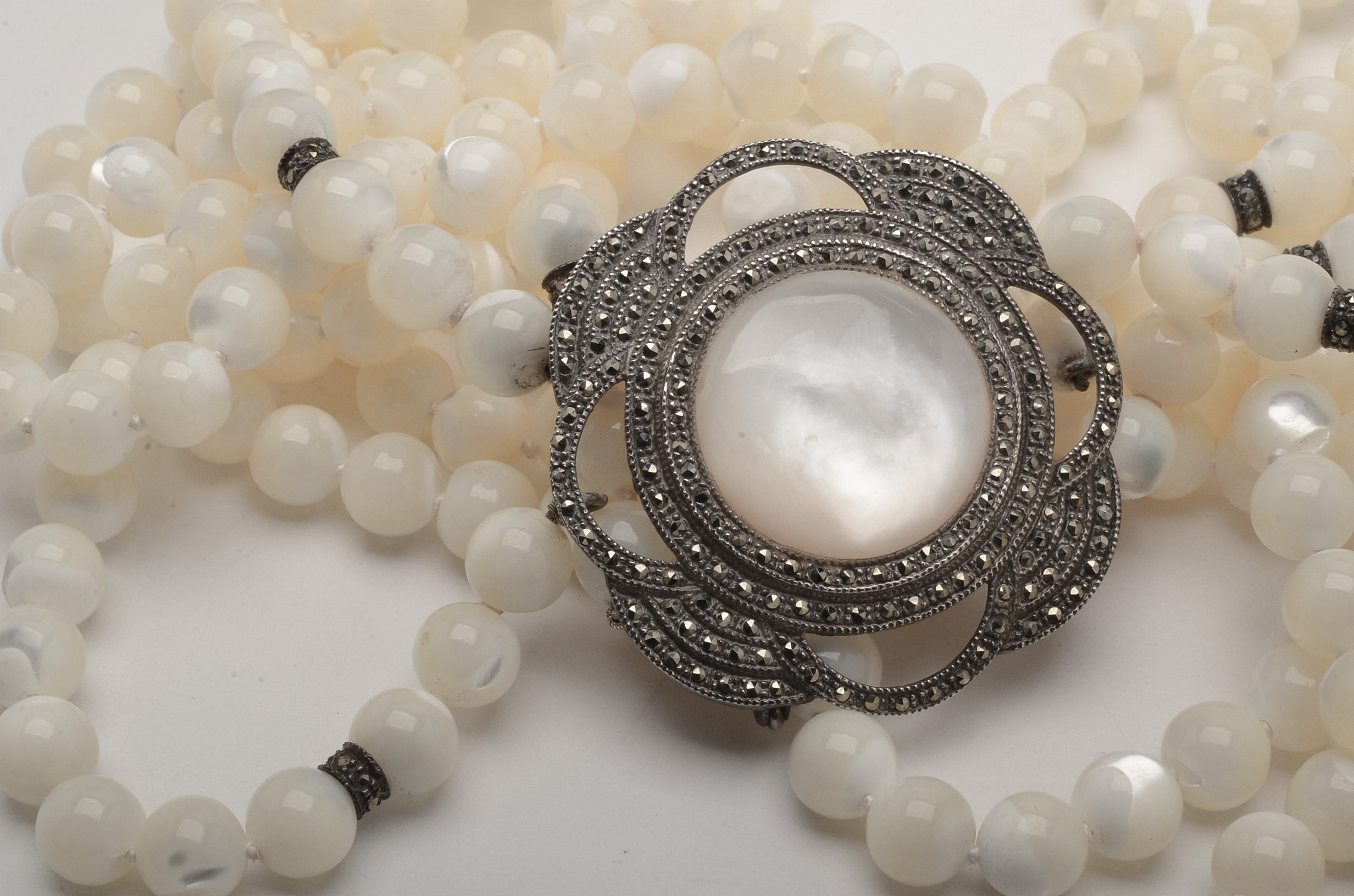 Sterling and Marcasite Mother of Pearl Beaded Necklace