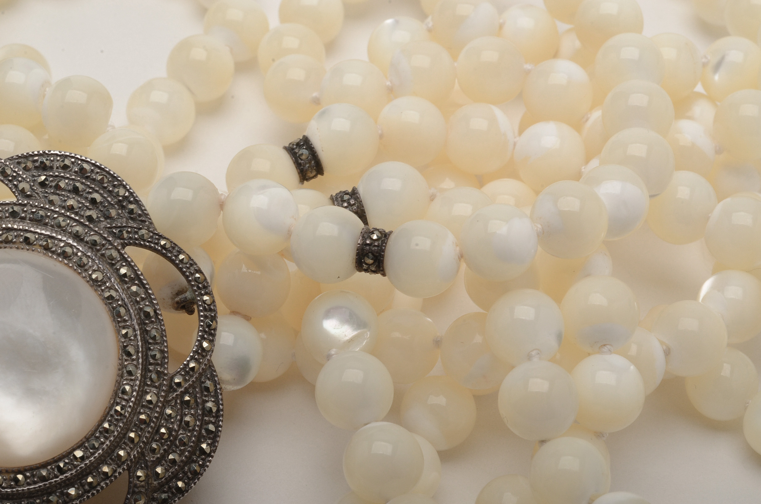 Sterling and Marcasite Mother of Pearl Beaded Necklace