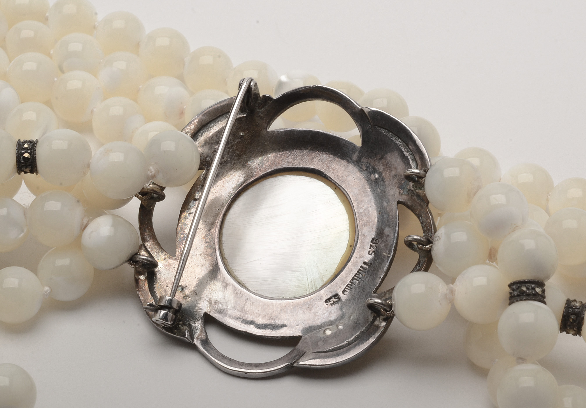 Sterling and Marcasite Mother of Pearl Beaded Necklace