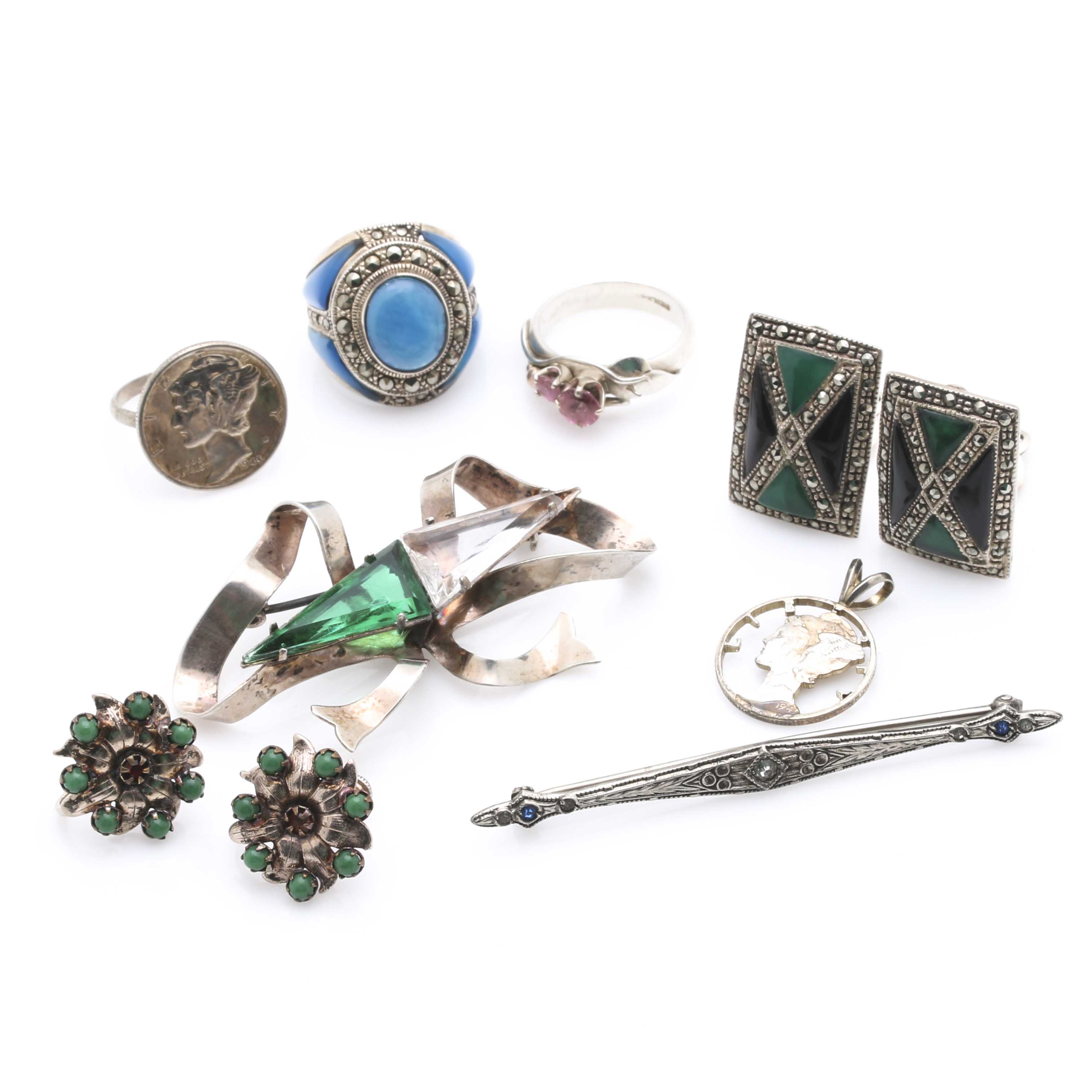 Assortment of Sterling Silver Jewelry With Gemstones and Glass