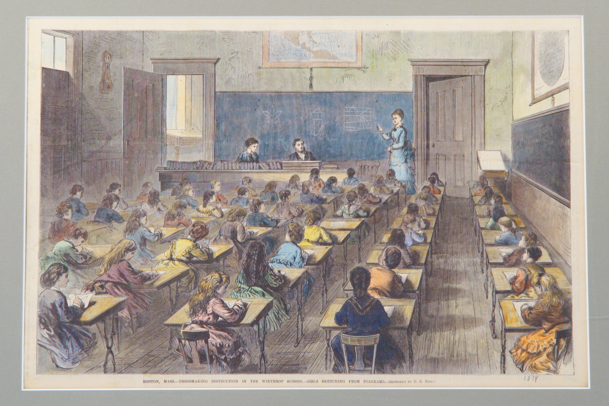 1874 Hand-Tinted Folio Lithograph on Paper of a Dressmaking School