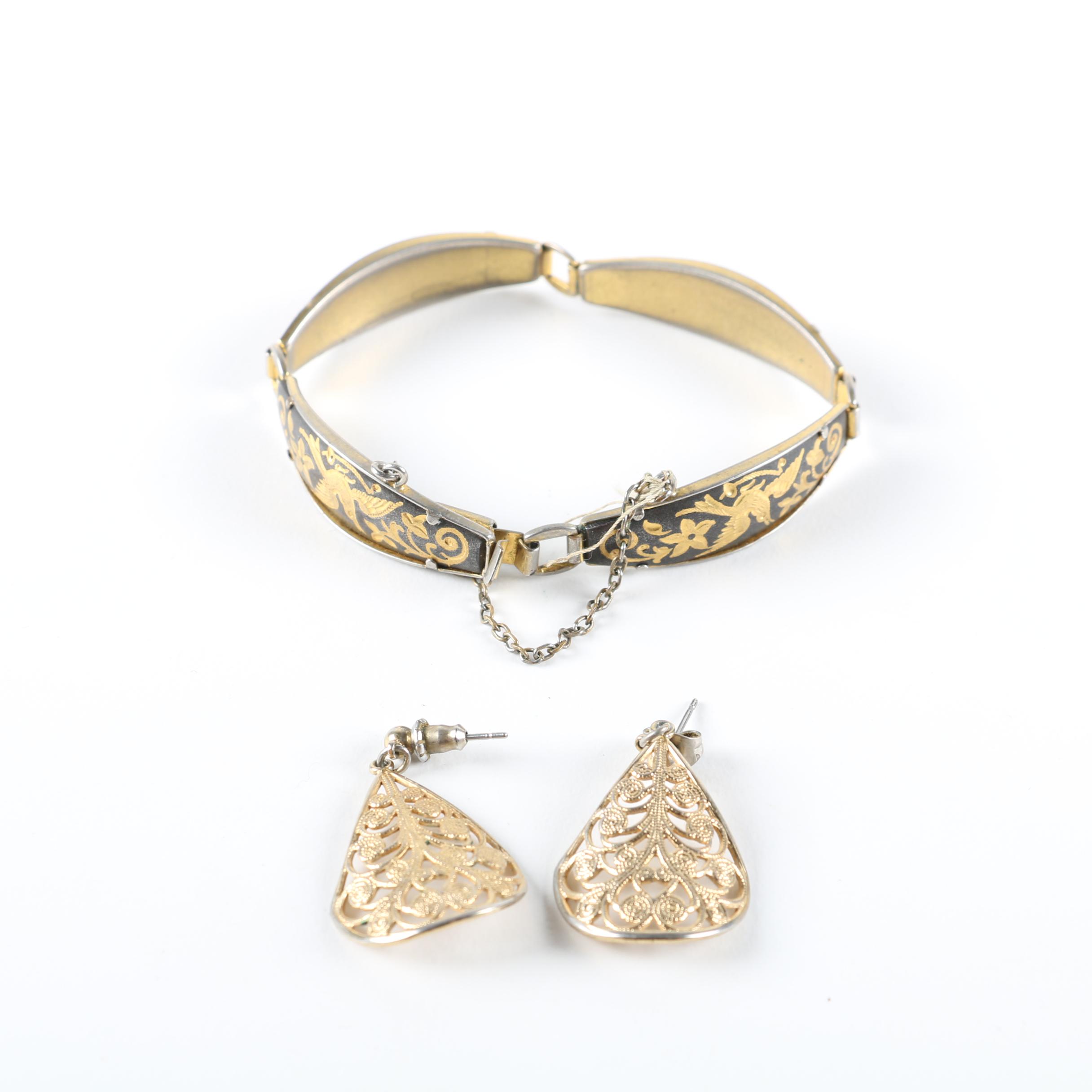 Gold Tone Bracelet and Earrings