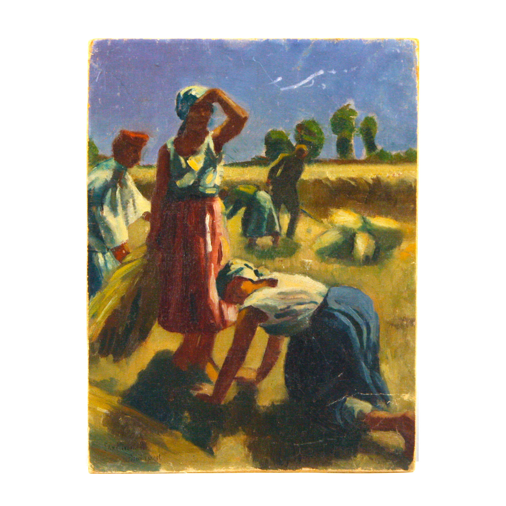Original Oil on Canvas Board of Workers in a Wheat Field