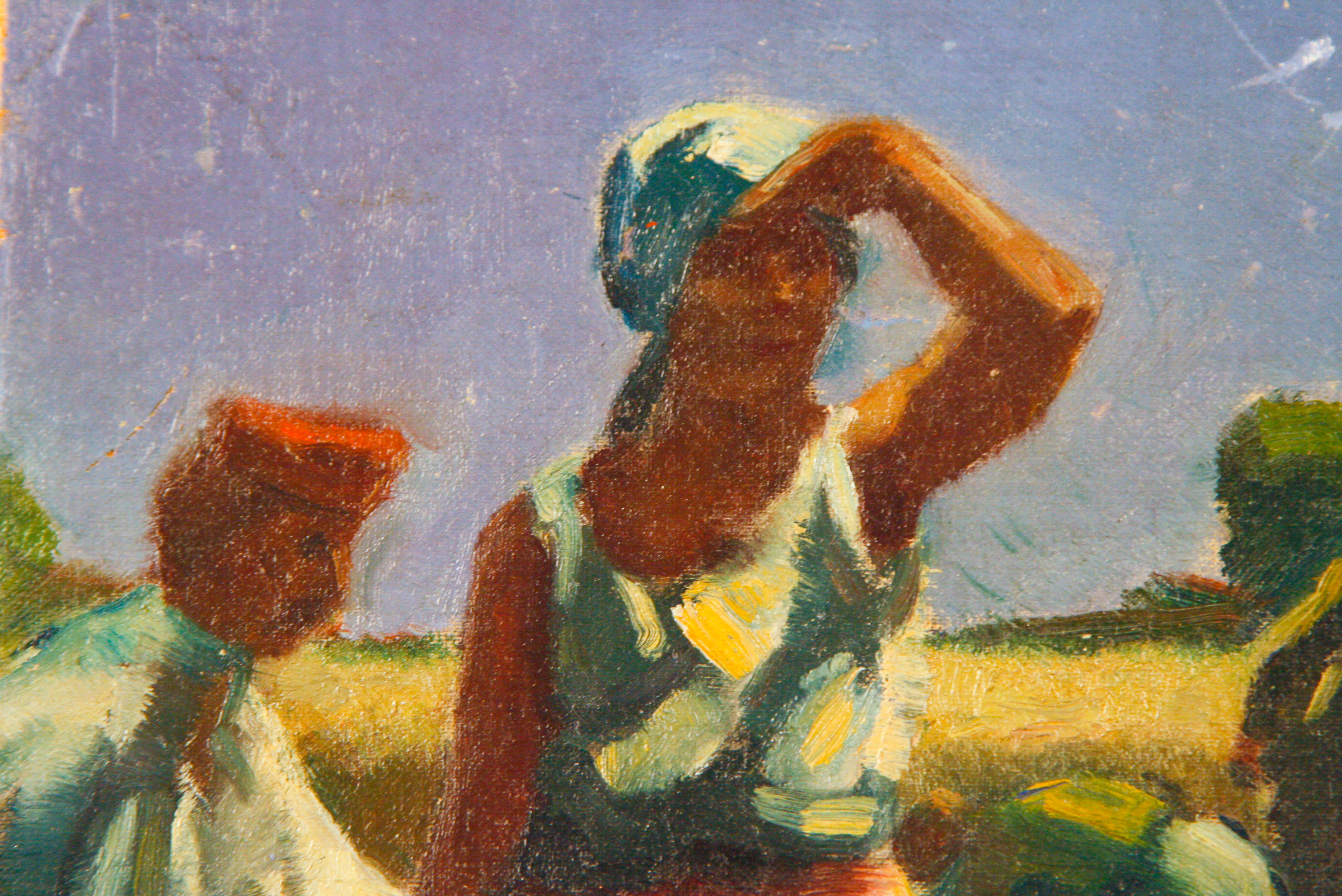 Original Oil on Canvas Board of Workers in a Wheat Field