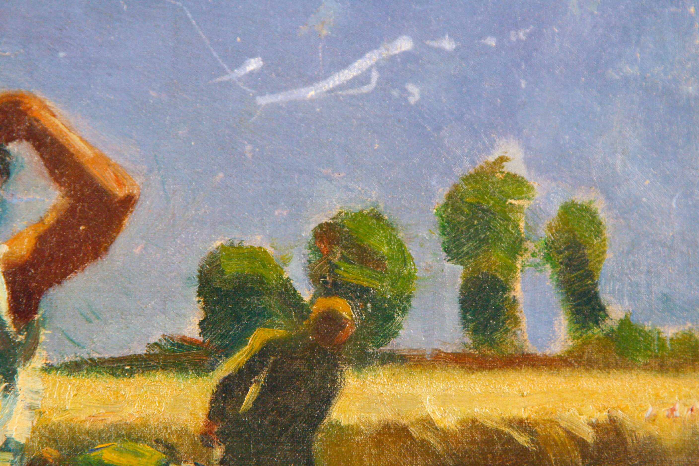 Original Oil on Canvas Board of Workers in a Wheat Field