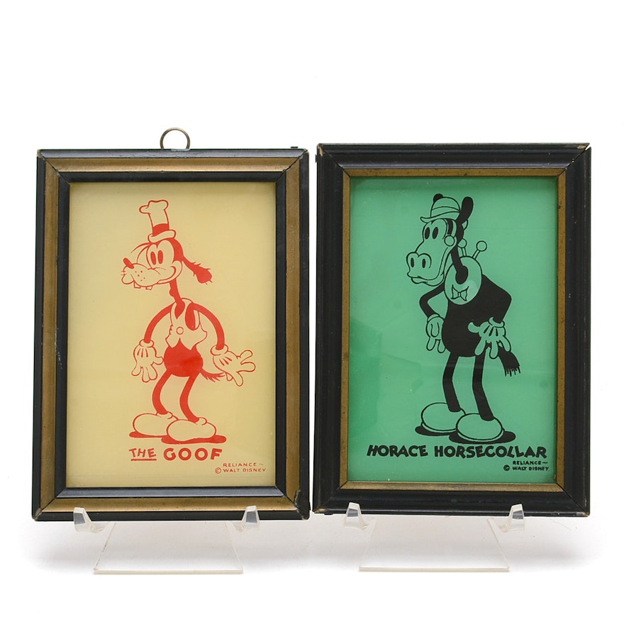 1930s Reliance Disney Enamel on Glass Pictures of Goofy and Horace Horsecollar