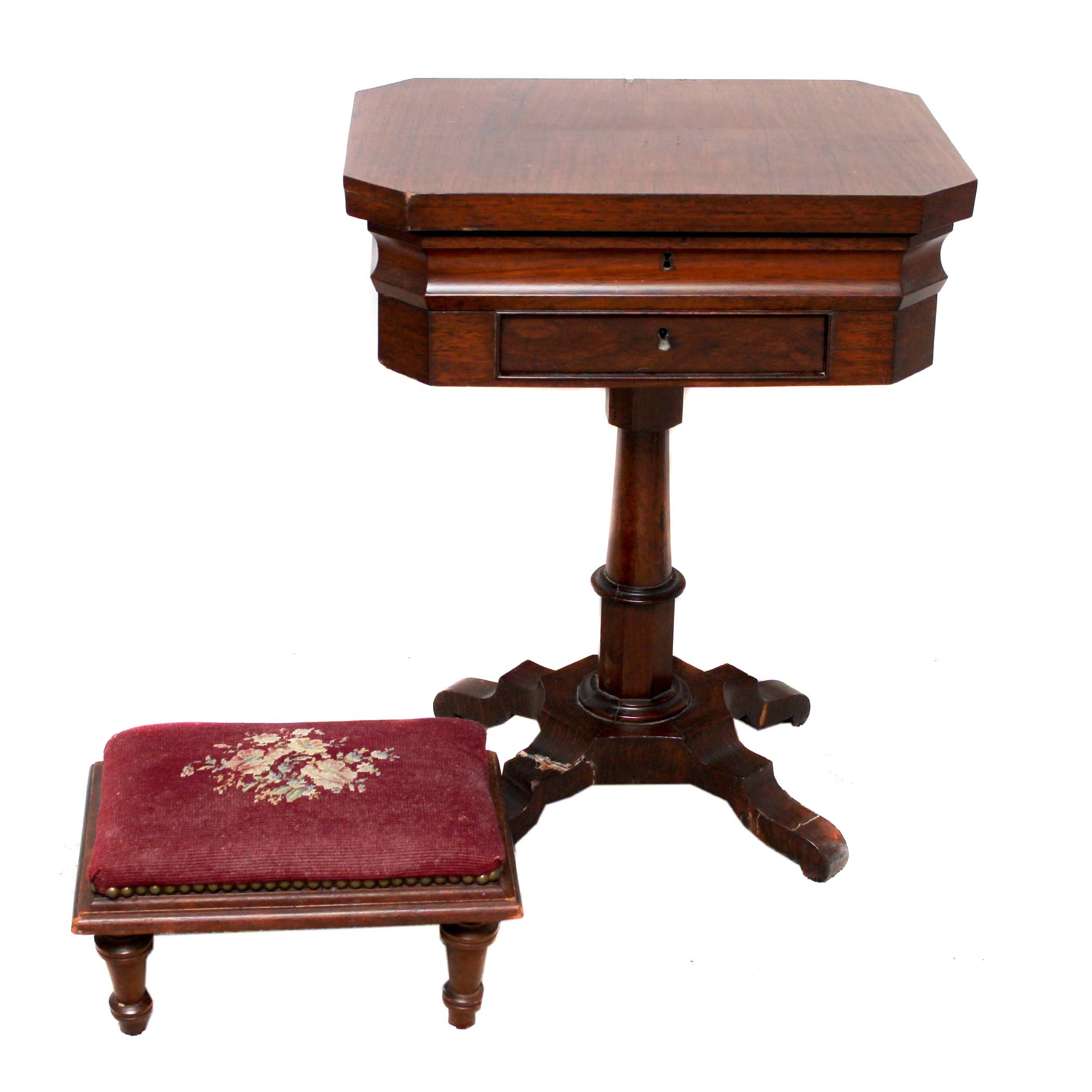 Antique Sewing Table with Embroidered Foot Stool