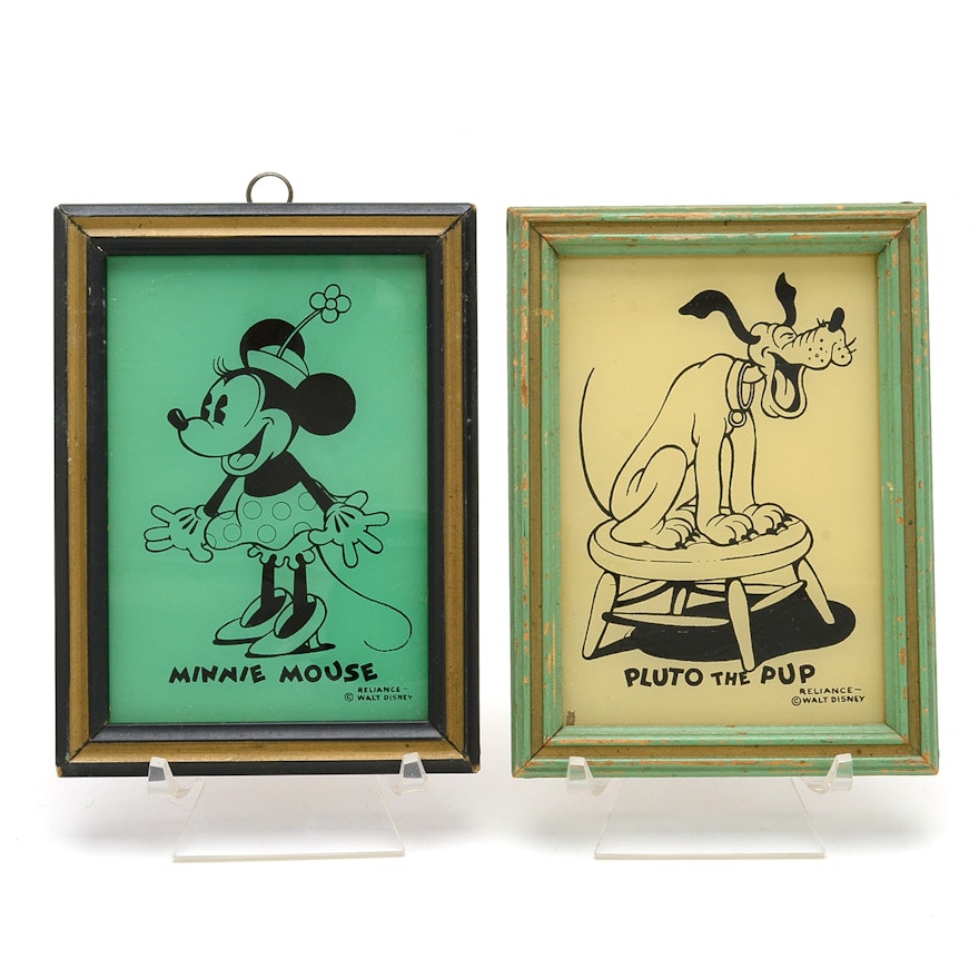 1930s Reliance Disney Enamel on Glass Pictures of Minnie and Pluto