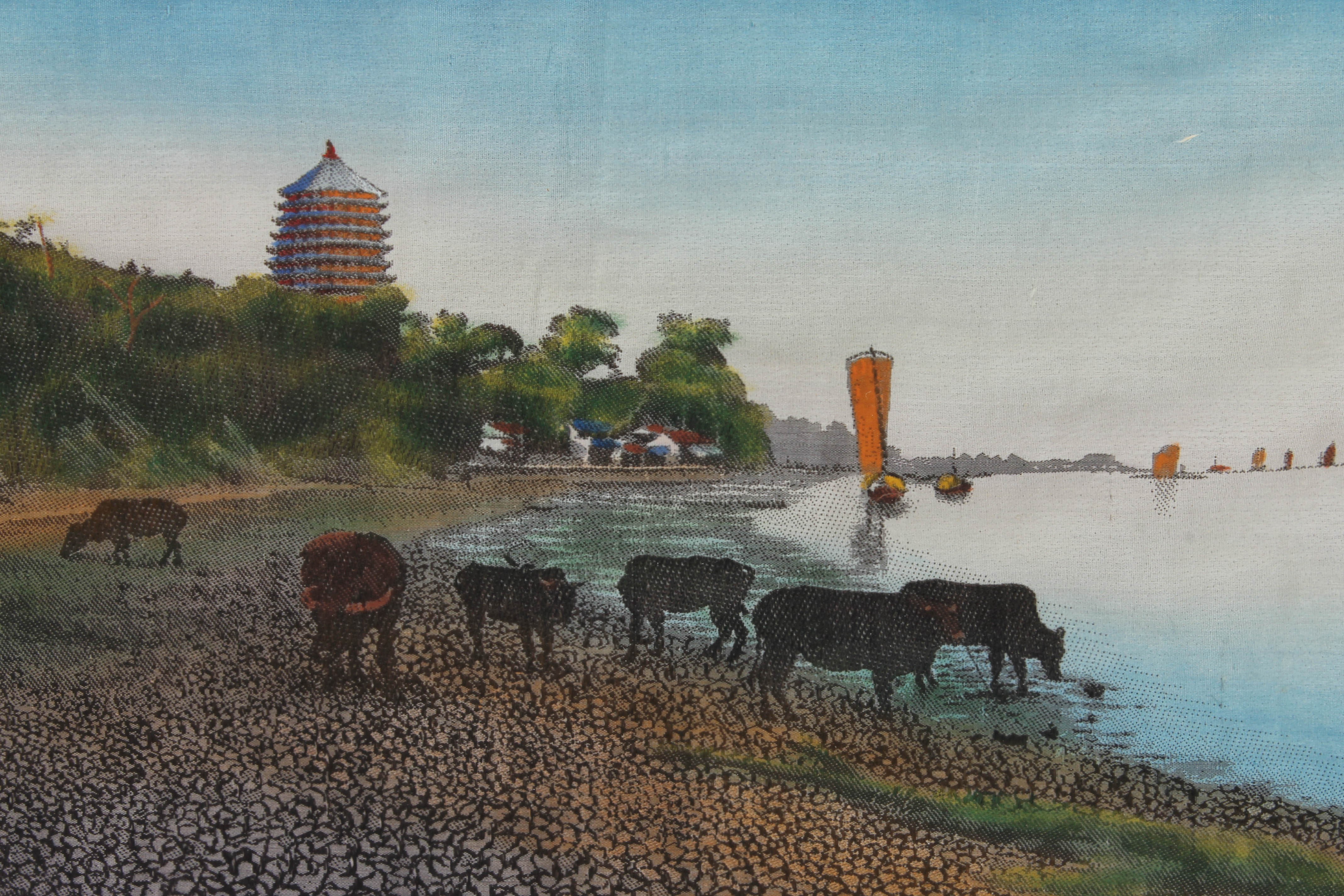 Framed Chinese "Liuhe Pagoda by the Qiantang River" Print on Silk