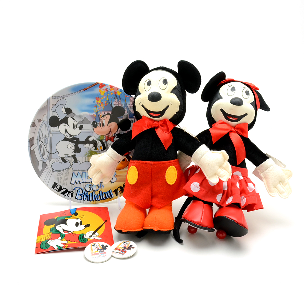 1993 Disneyana Convention Signed Gund Dolls and Disney Parks Mickey's 60th Birthday Commemorative Plate