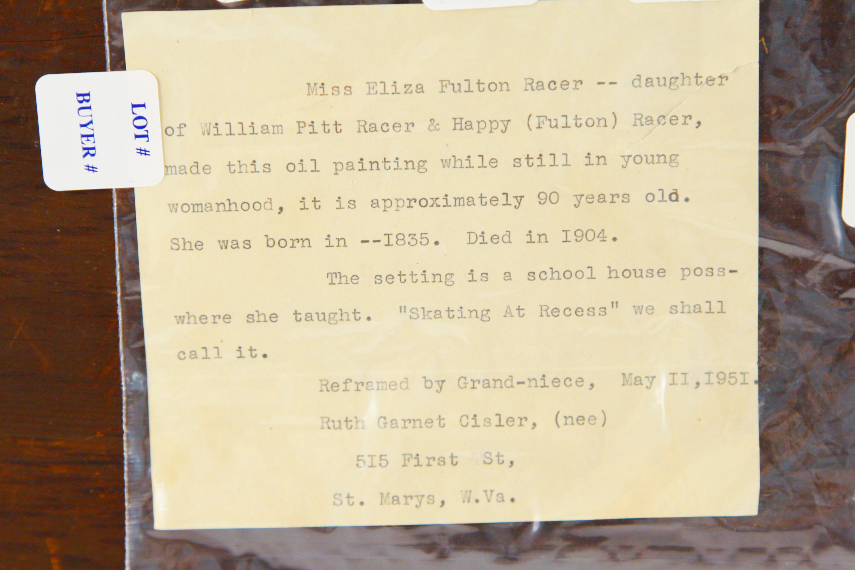 Eliza Fulton Racer Oil on Canvas Ohio Folk Art Winter Scene