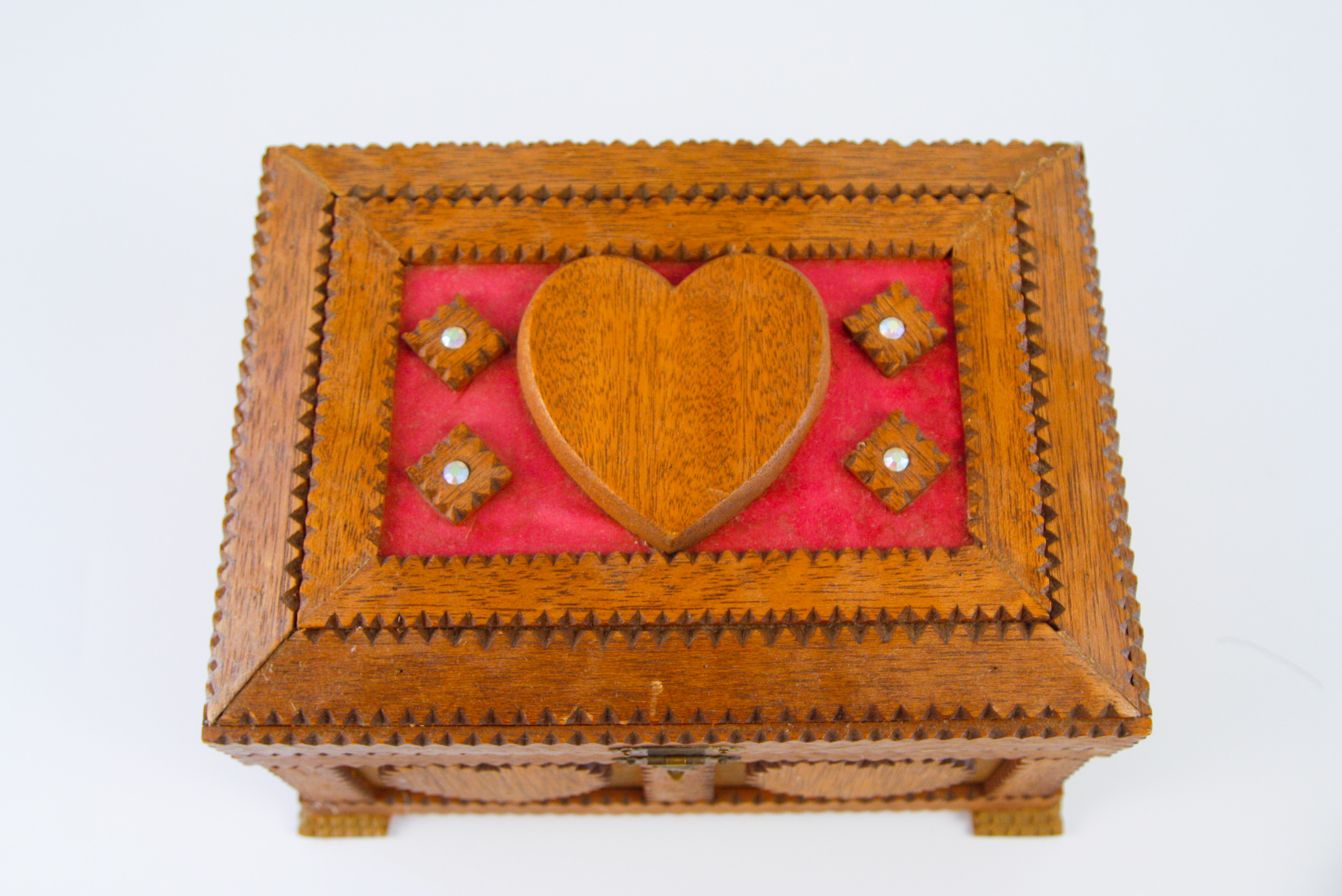 Carved Heart Tramp Art Jewelry Box