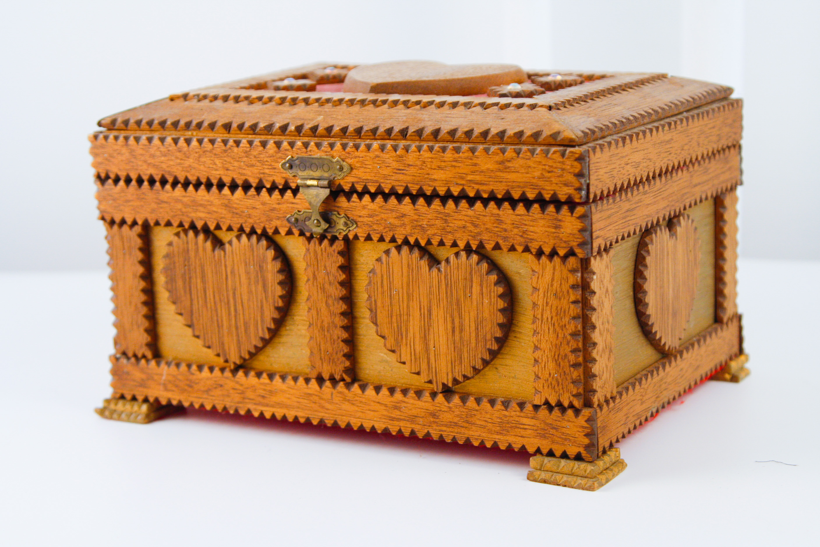 Carved Heart Tramp Art Jewelry Box