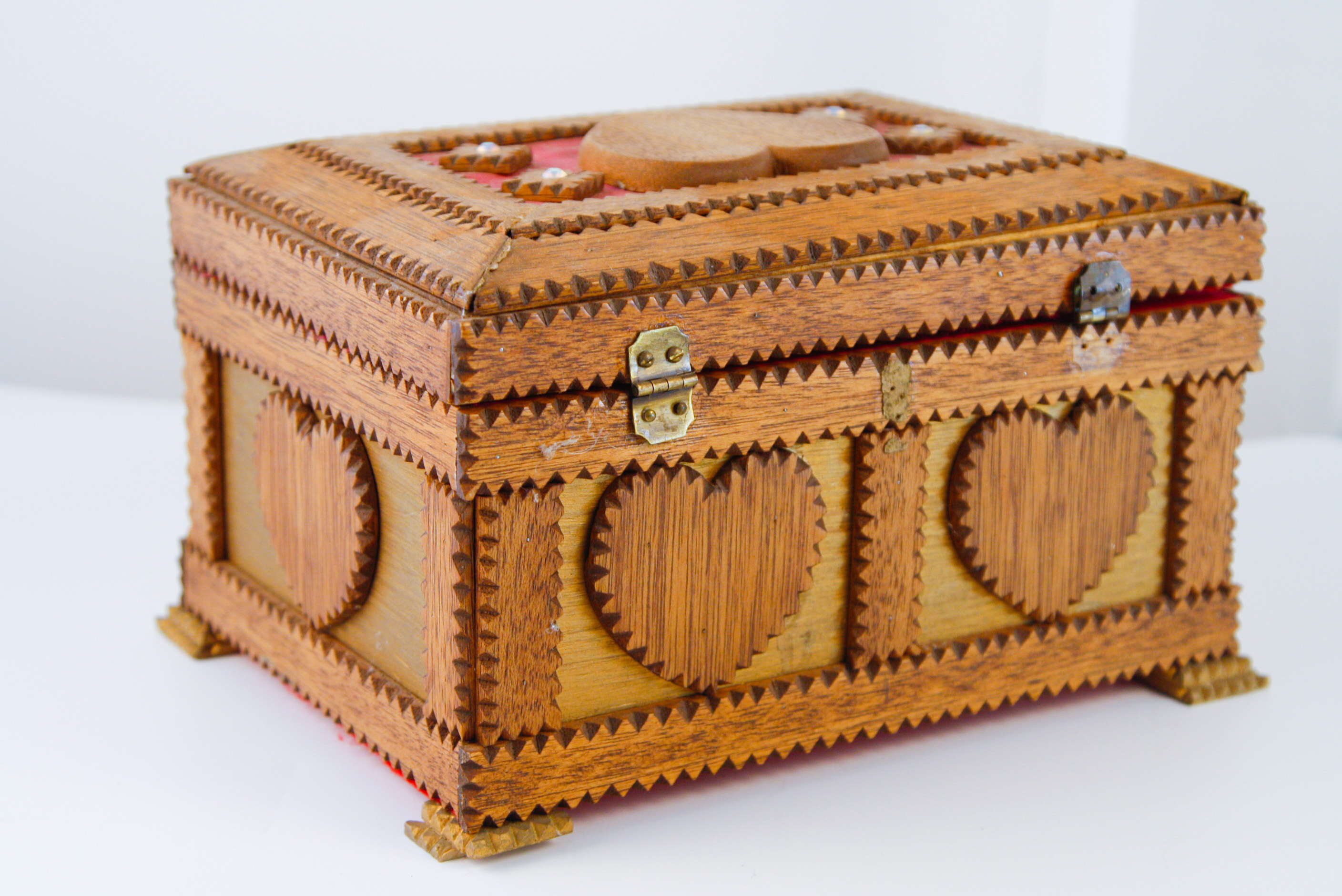 Carved Heart Tramp Art Jewelry Box