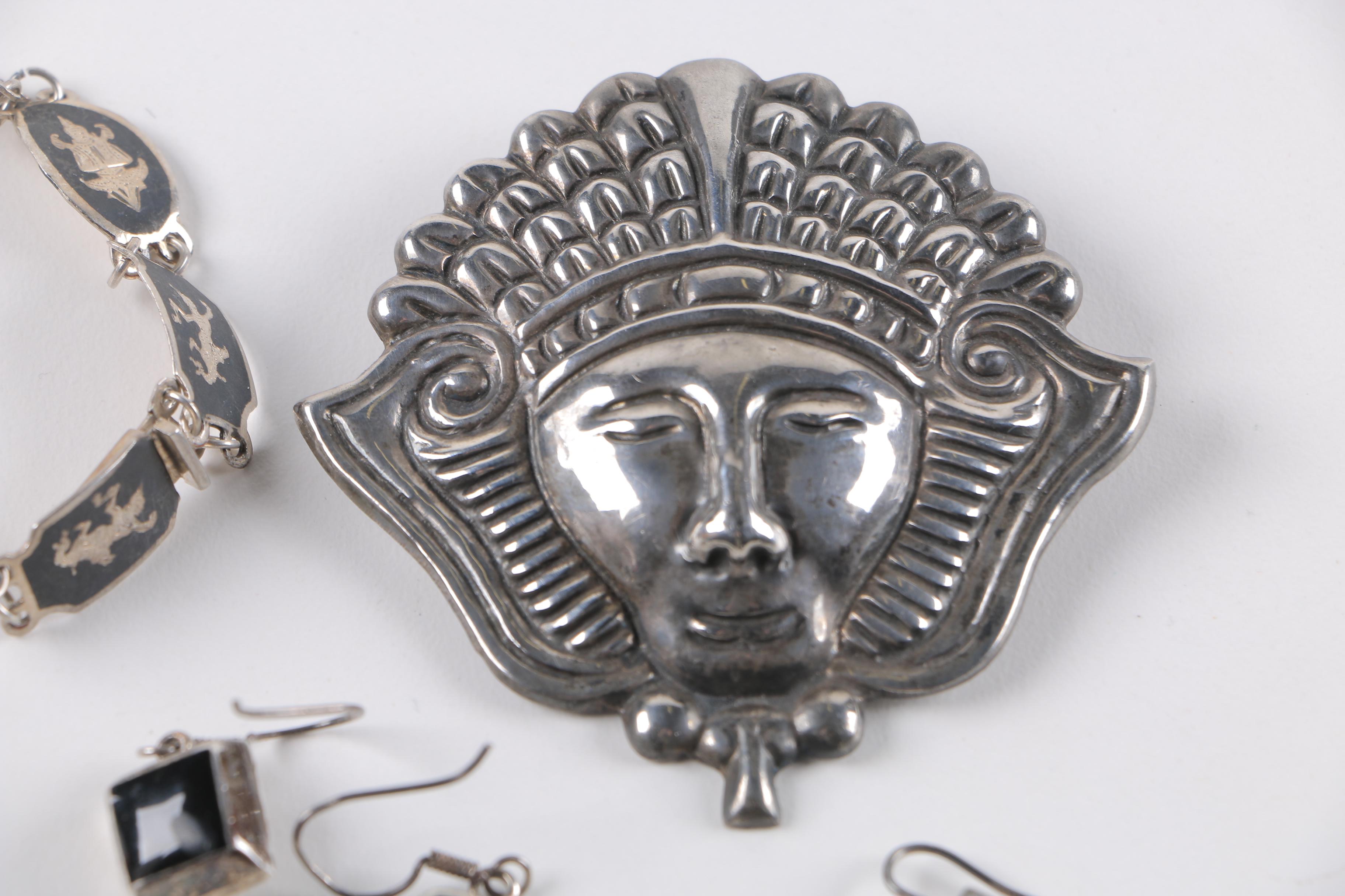 Sterling Silver Jewelry Including Earrings, Brooch, and Link Bracelet