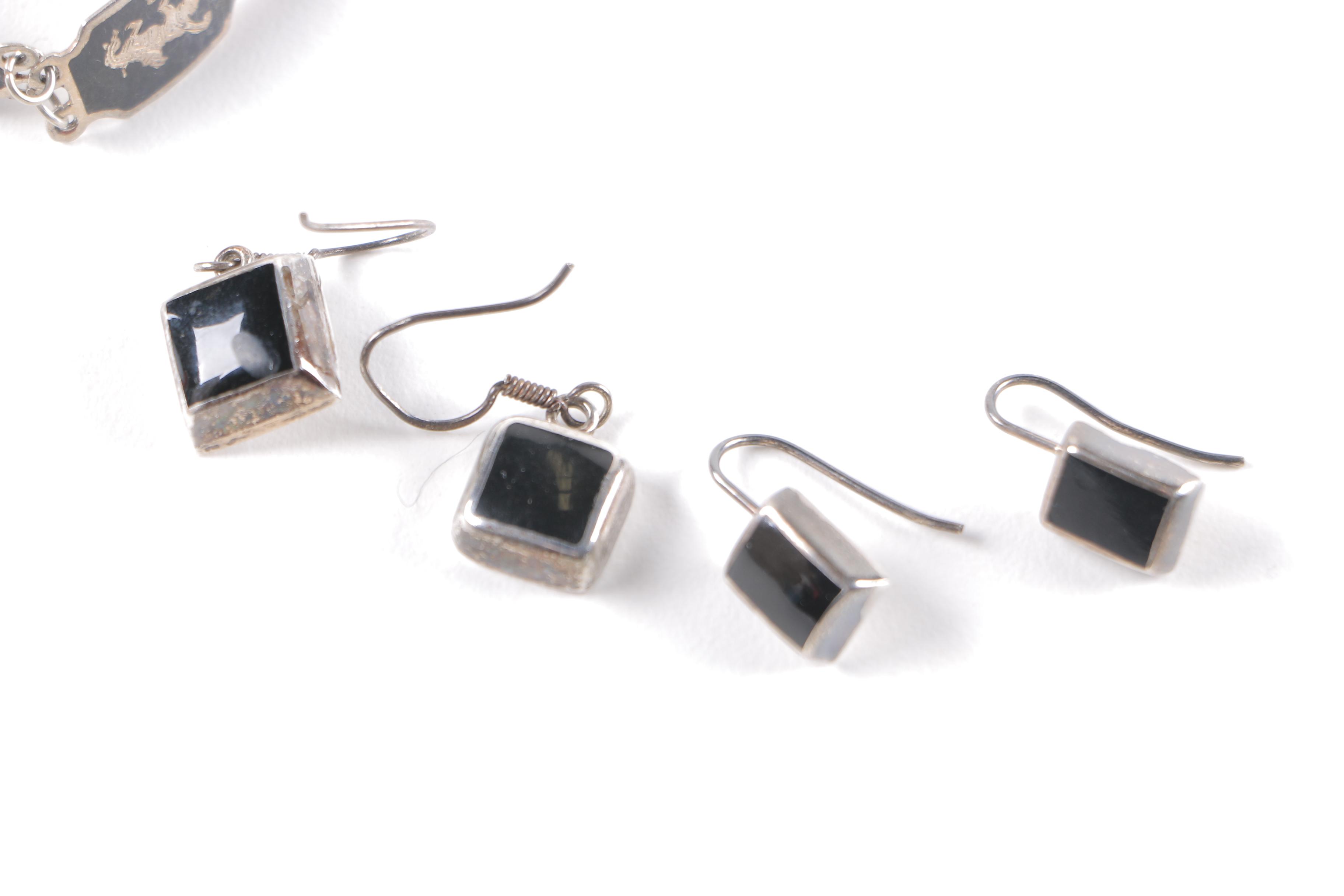 Sterling Silver Jewelry Including Earrings, Brooch, and Link Bracelet