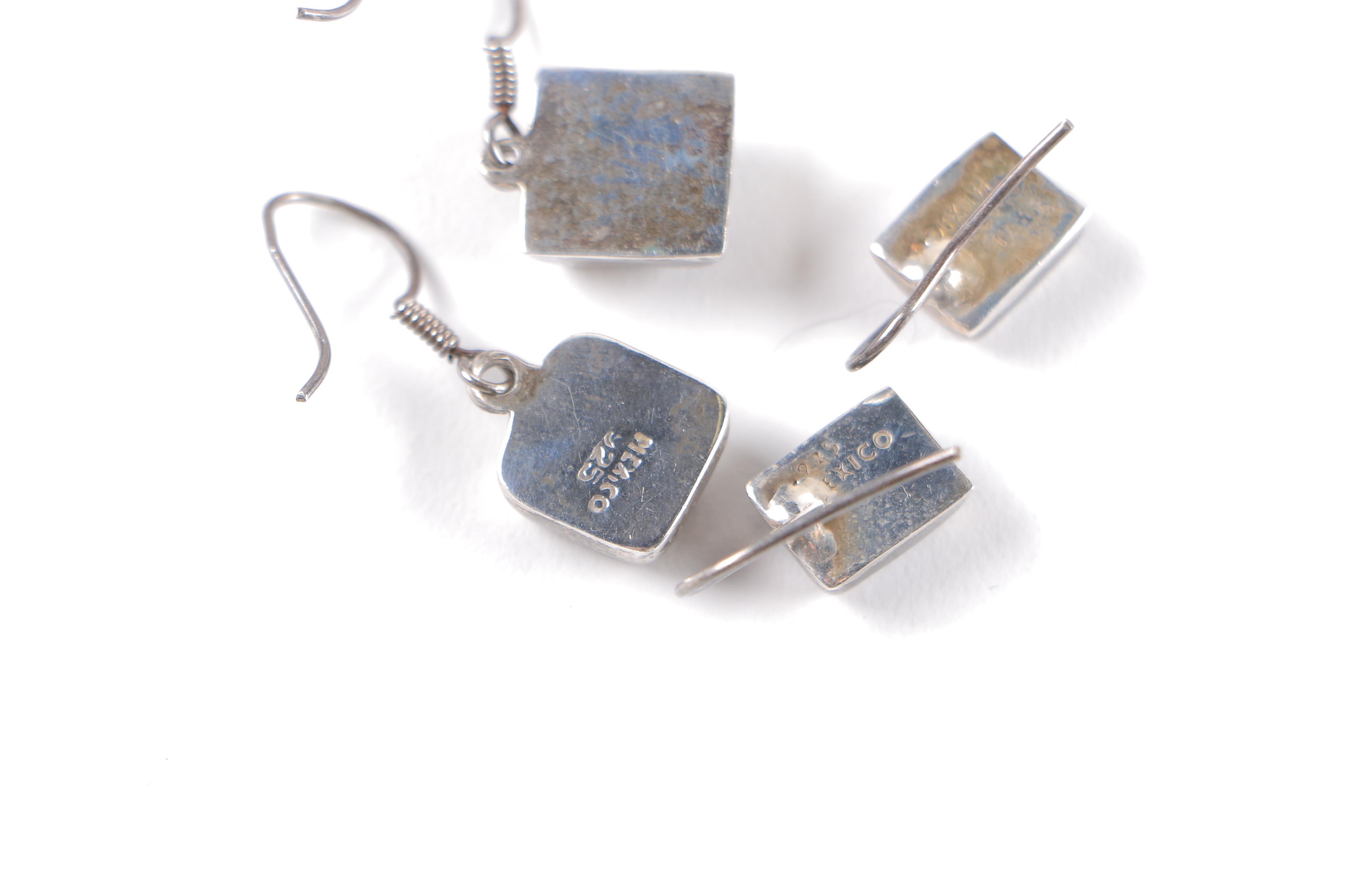 Sterling Silver Jewelry Including Earrings, Brooch, and Link Bracelet