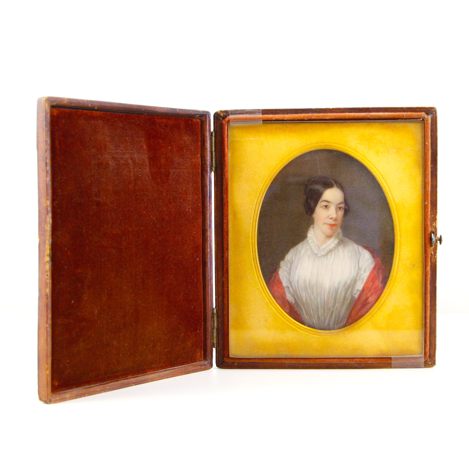 Very Fine 19th C. American Portrait Miniature in Hinged Leatherbound Frame