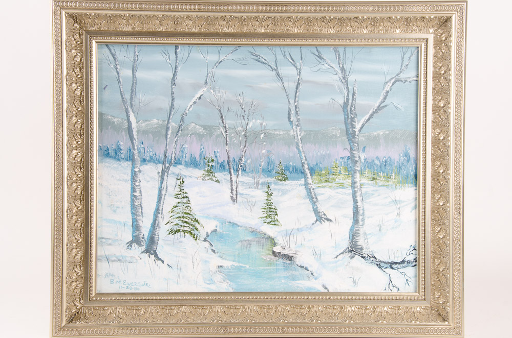 B.M. Ewers Jr. Original Oil Painting On Canvas Depicting Wintry Wooded Landscape