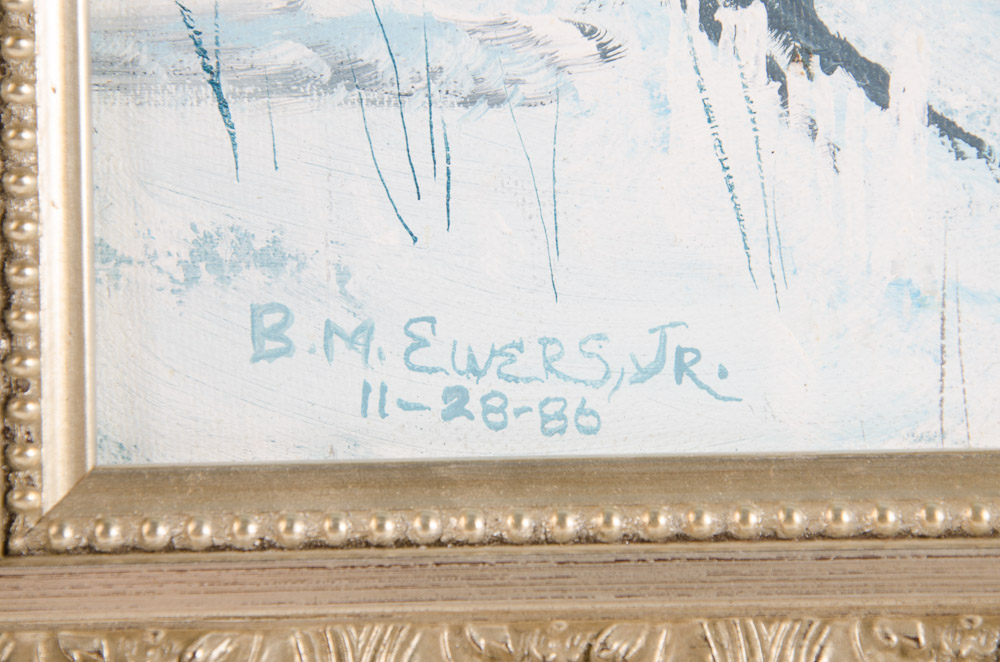 B.M. Ewers Jr. Original Oil Painting On Canvas Depicting Wintry Wooded Landscape