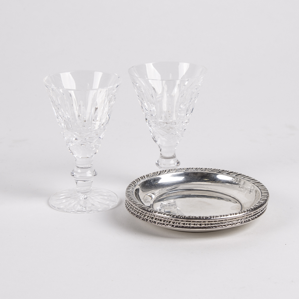 Pair of Waterford Glasses and Sterling Silver Plates