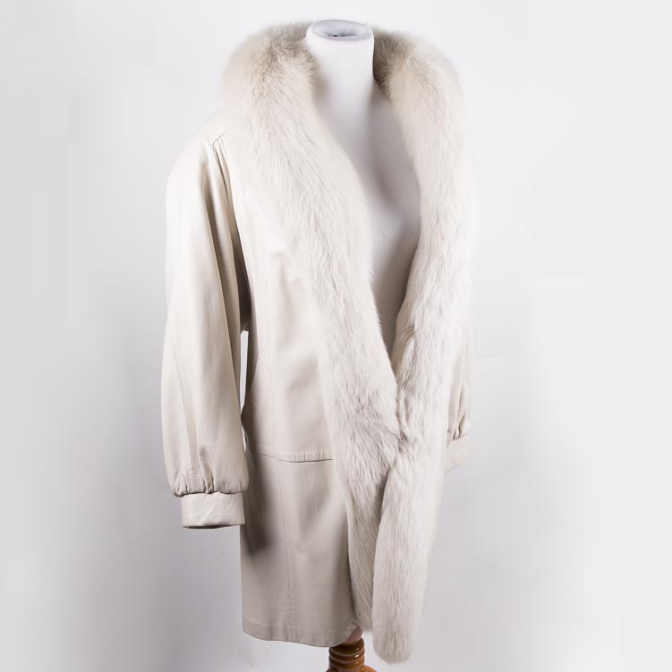 White Leather Coat with Fox Fur Collar