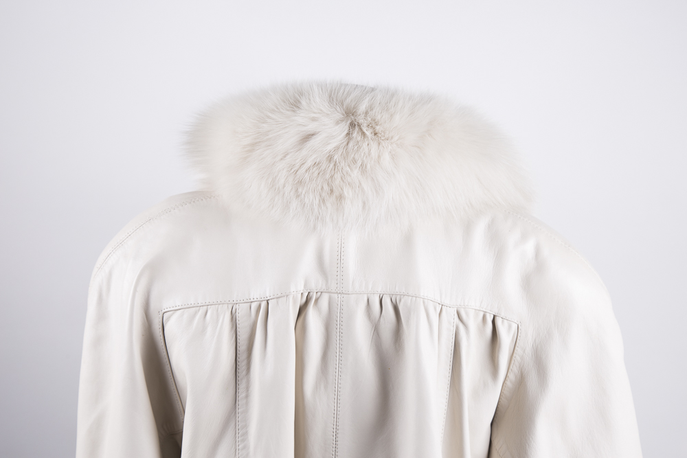 White Leather Coat with Fox Fur Collar