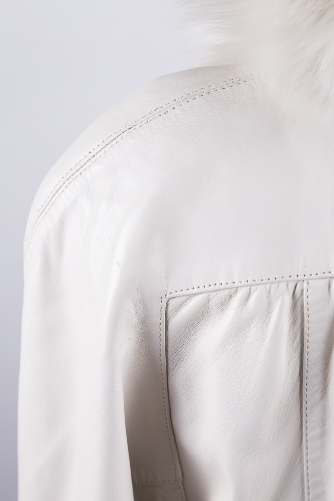 White Leather Coat with Fox Fur Collar