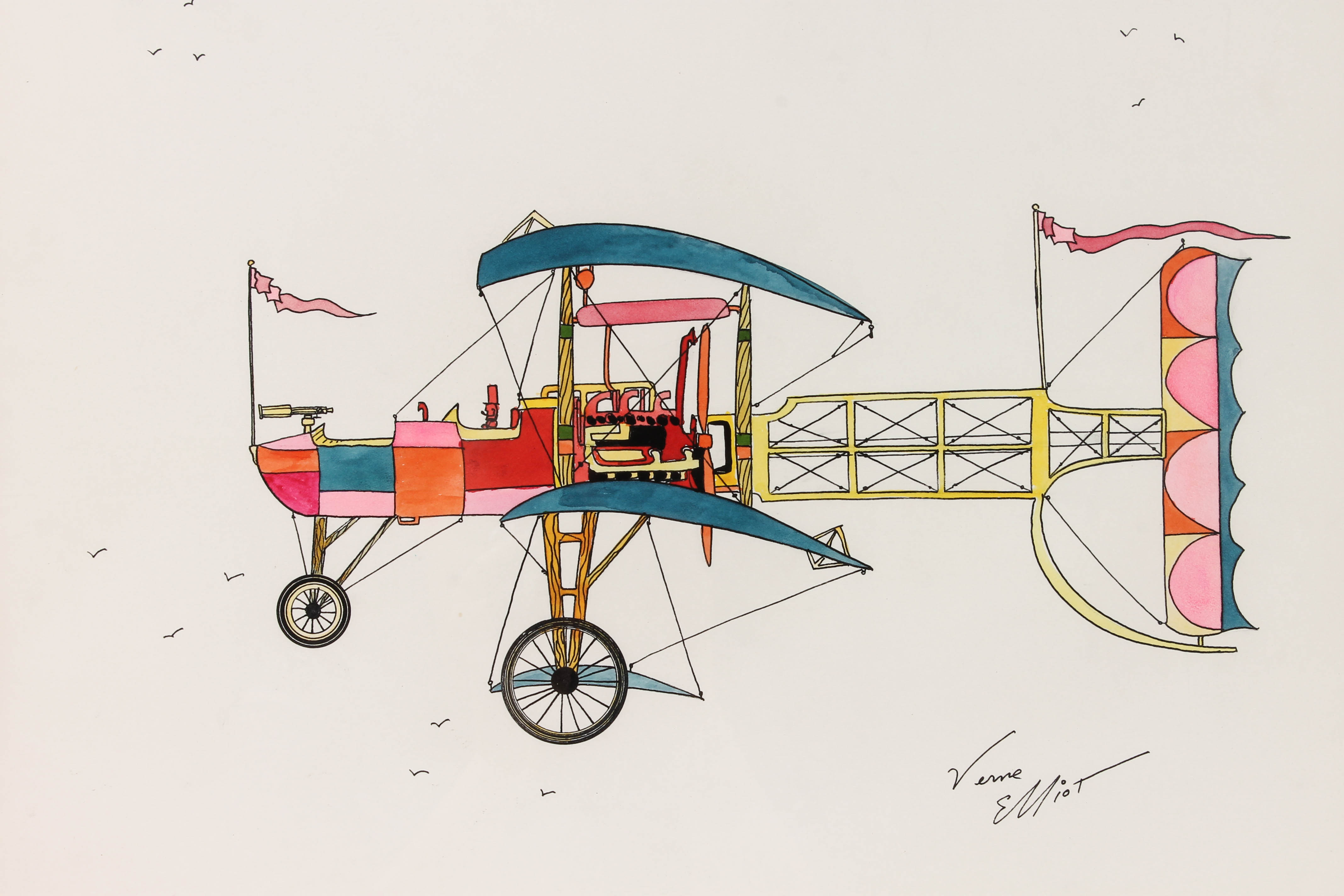 Verne Elliot Pen and Ink Drawing of an Airplane