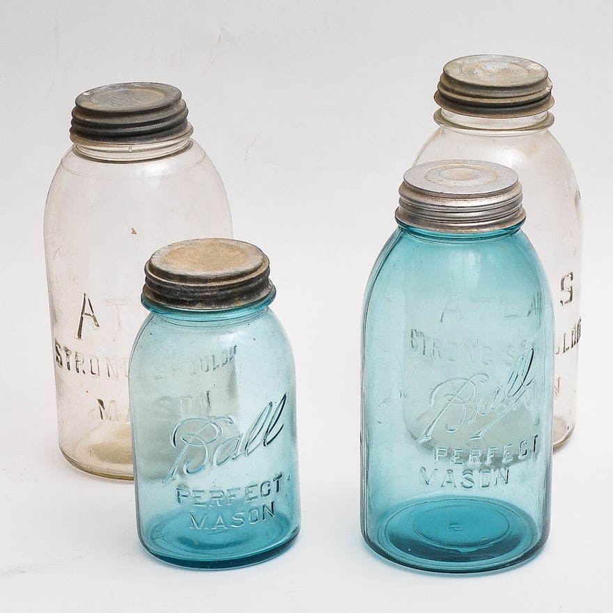 Four Vintage Glass Mason Jars