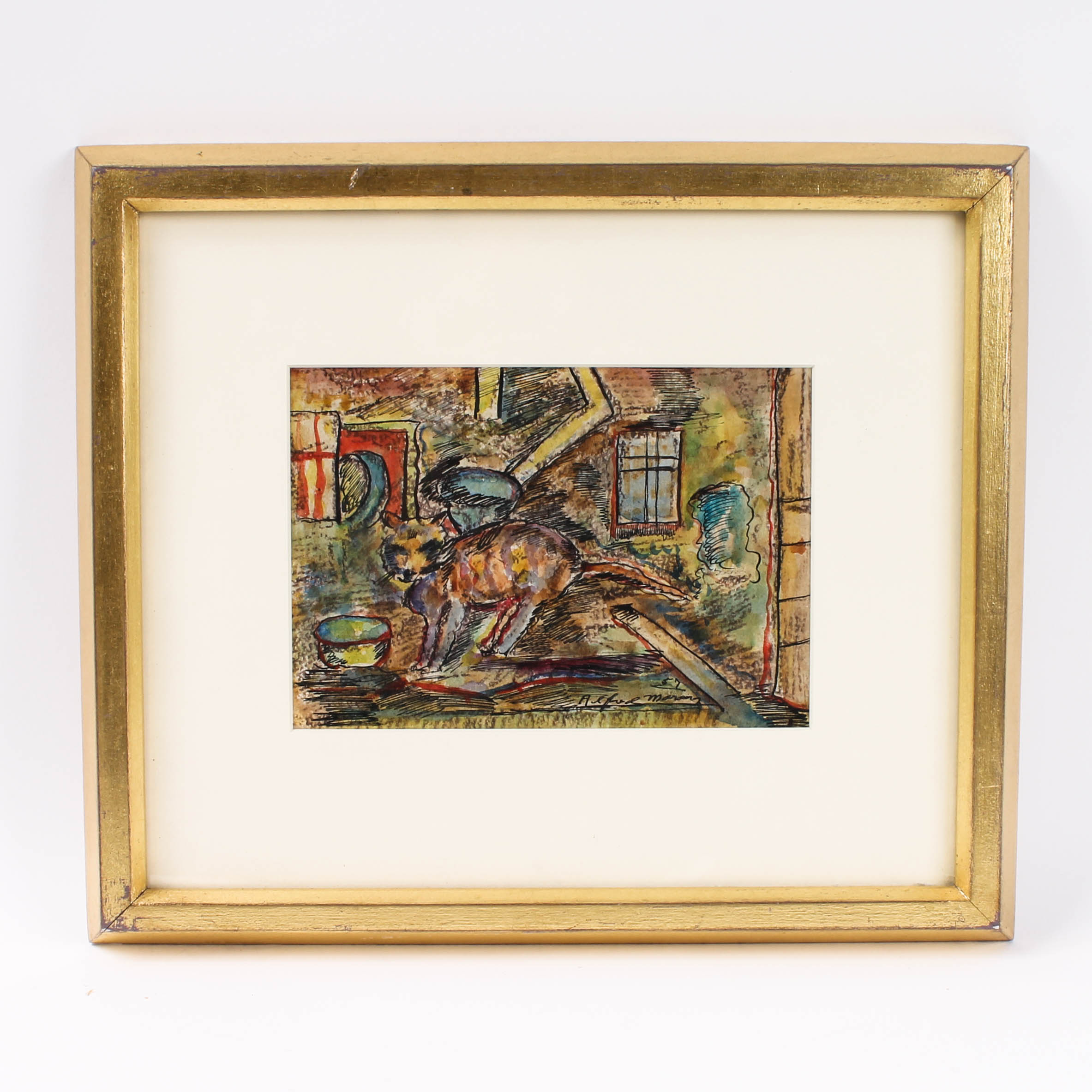 Alfred Morang Watercolor Painting "Cat with Bowl"