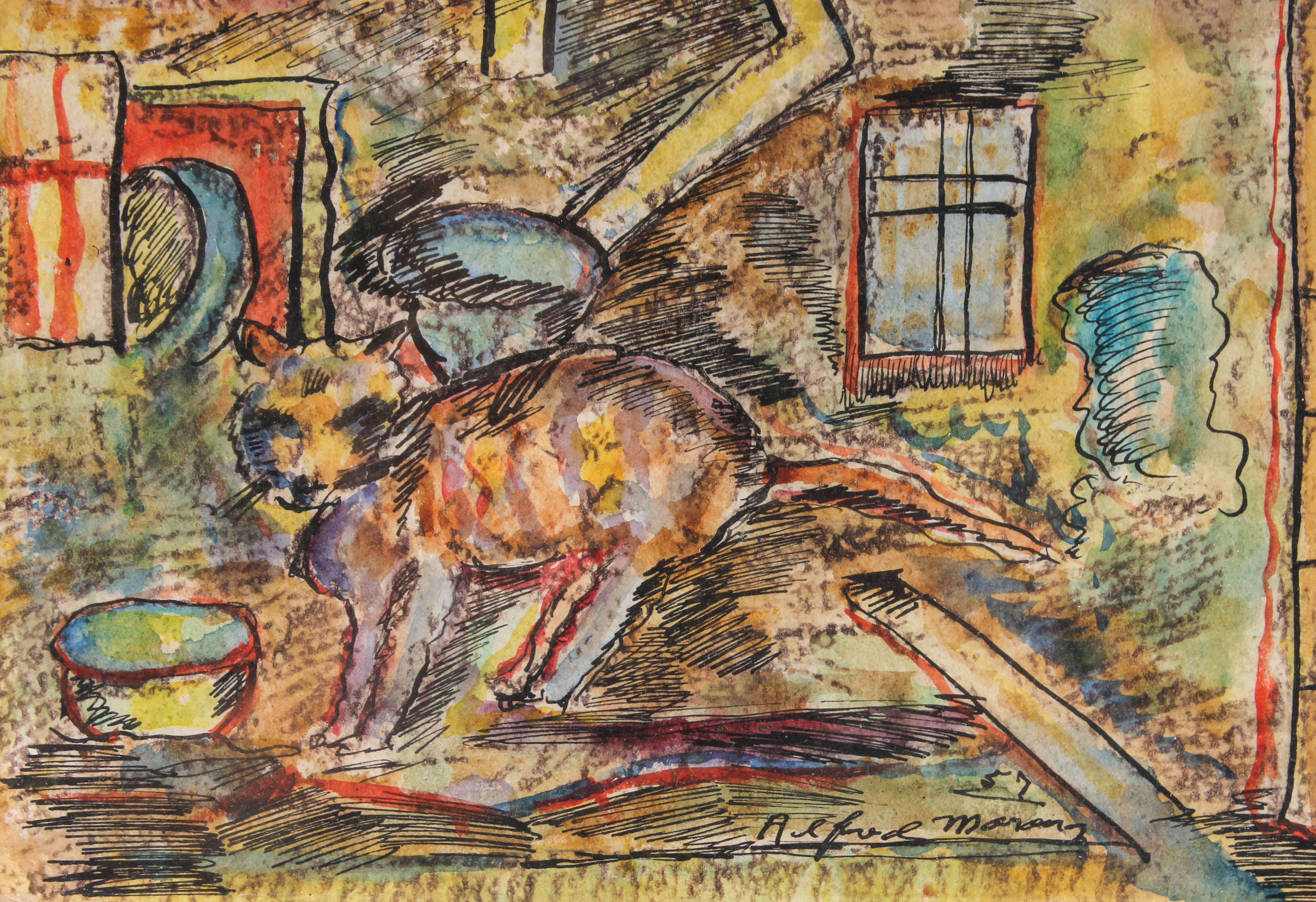 Alfred Morang Watercolor Painting "Cat with Bowl"